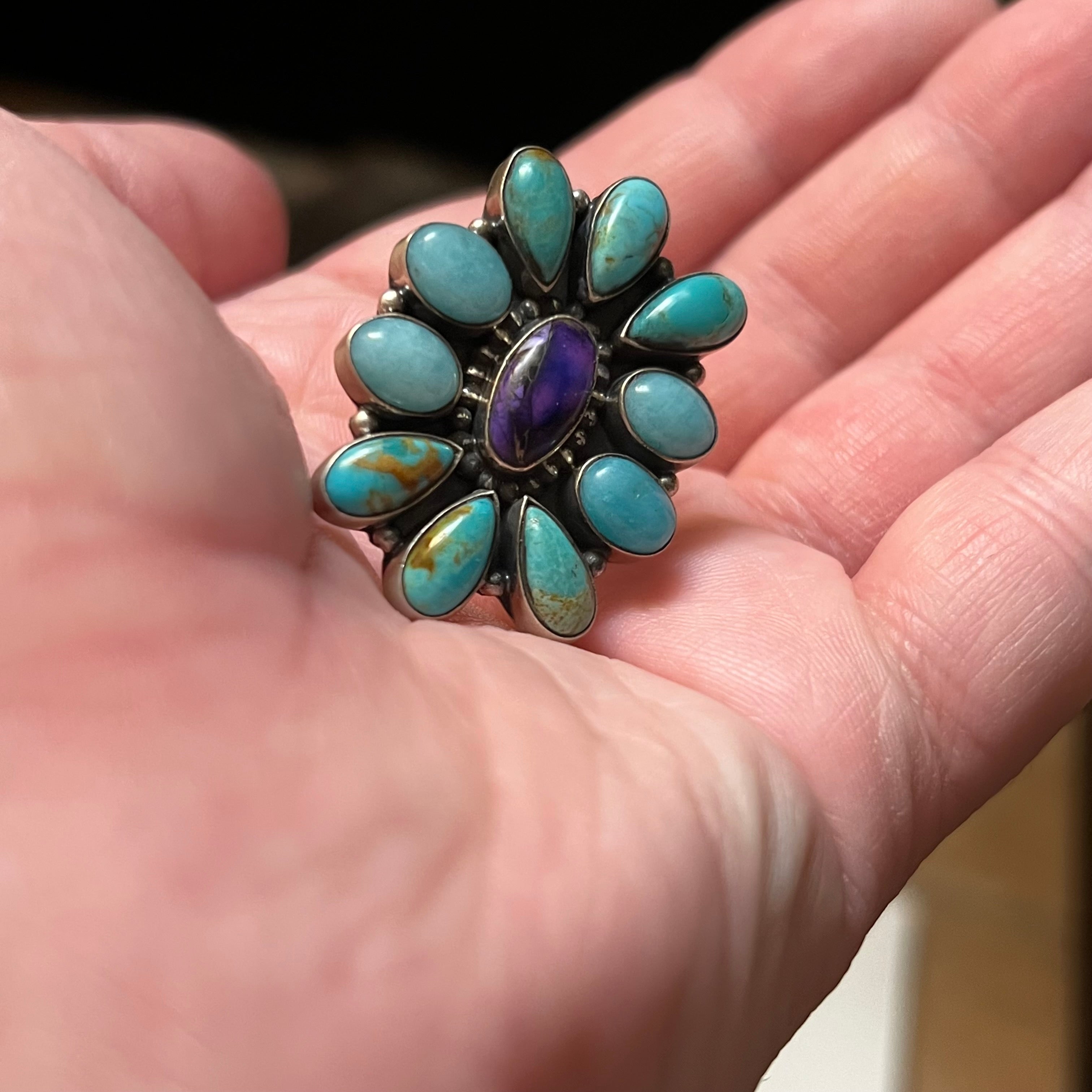 Handmade Sterling Silver Turquoise & Purple Spiny Cluster Ring