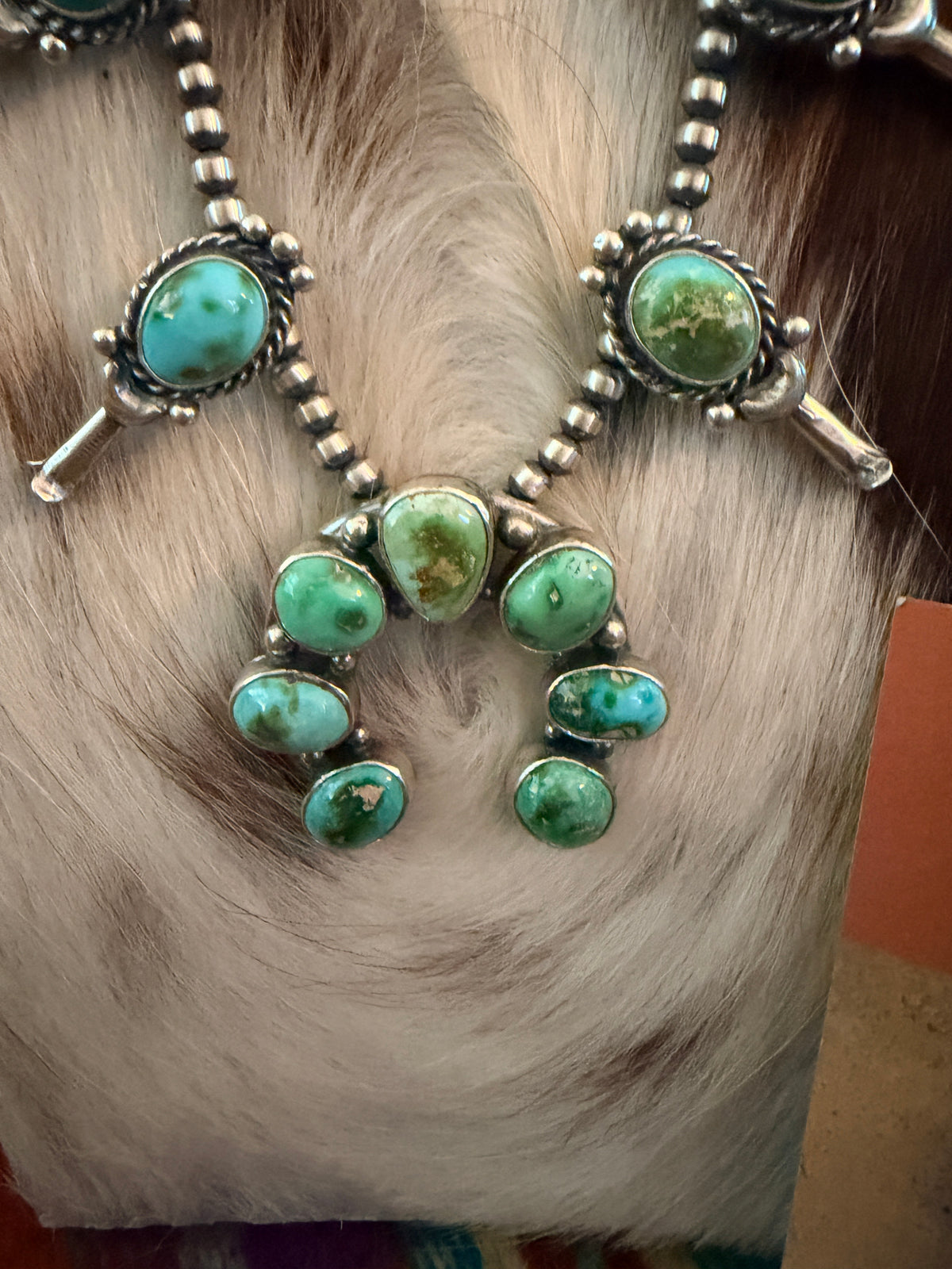 Handcrafted Sonoran Mountain Turquoise & Sterling Silver Squash Blossom Necklace and Earring Set by Larry Kaye
