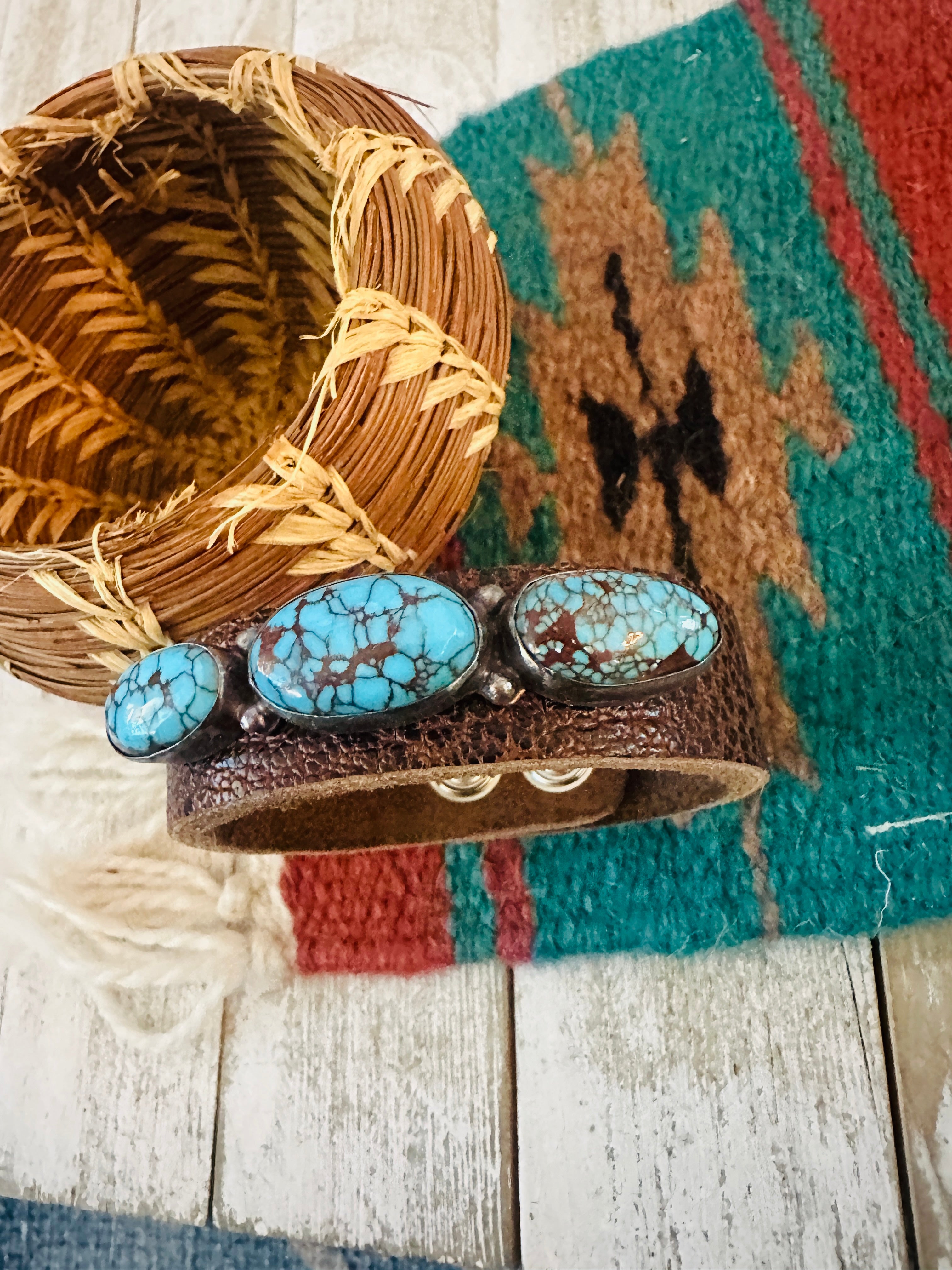 Handcrafted Egyptian Turquoise & Sterling Silver Leather Bracelet