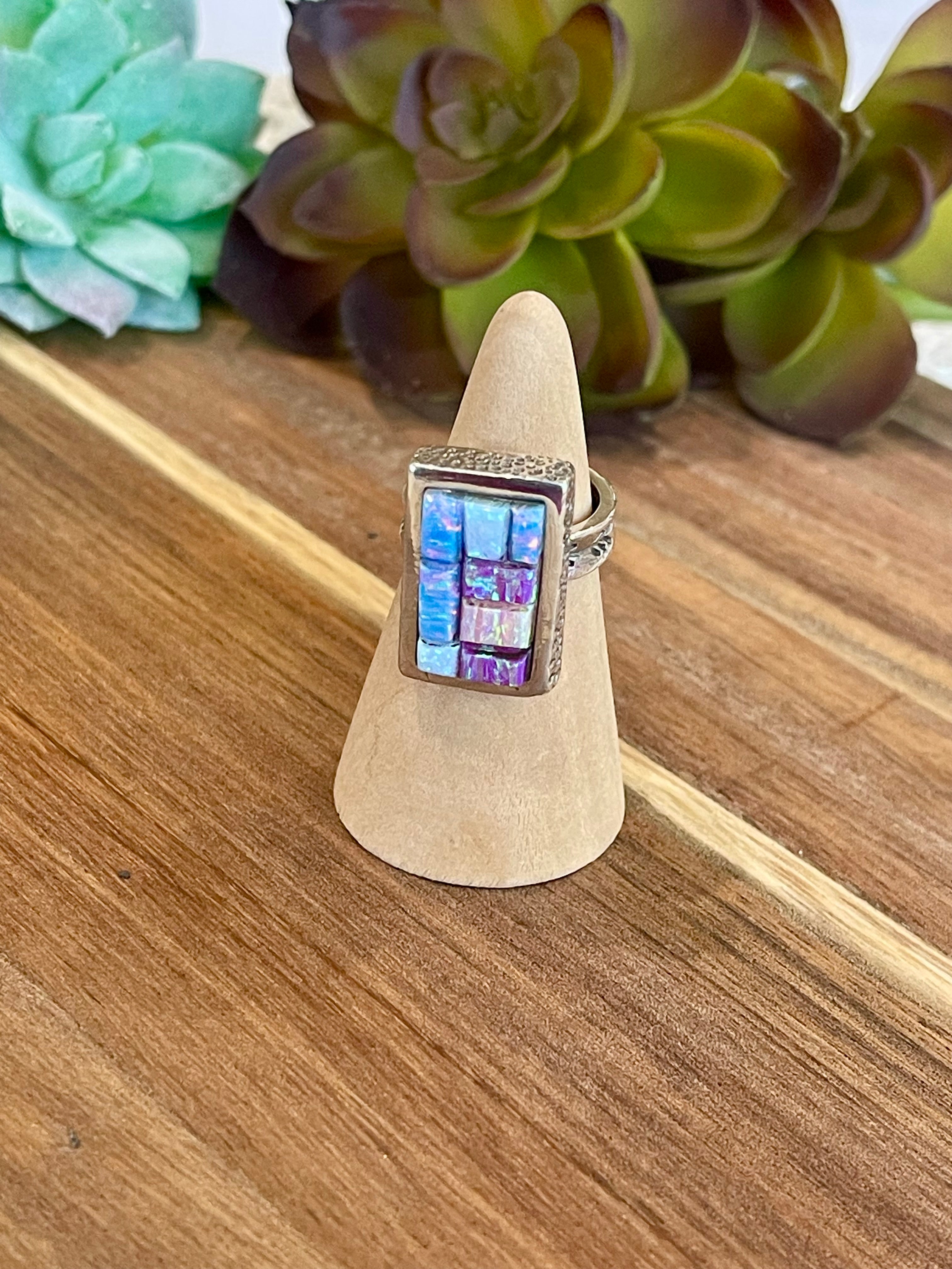 Handmade Sterling Silver & Multi Stone Inlay Ring Size 6