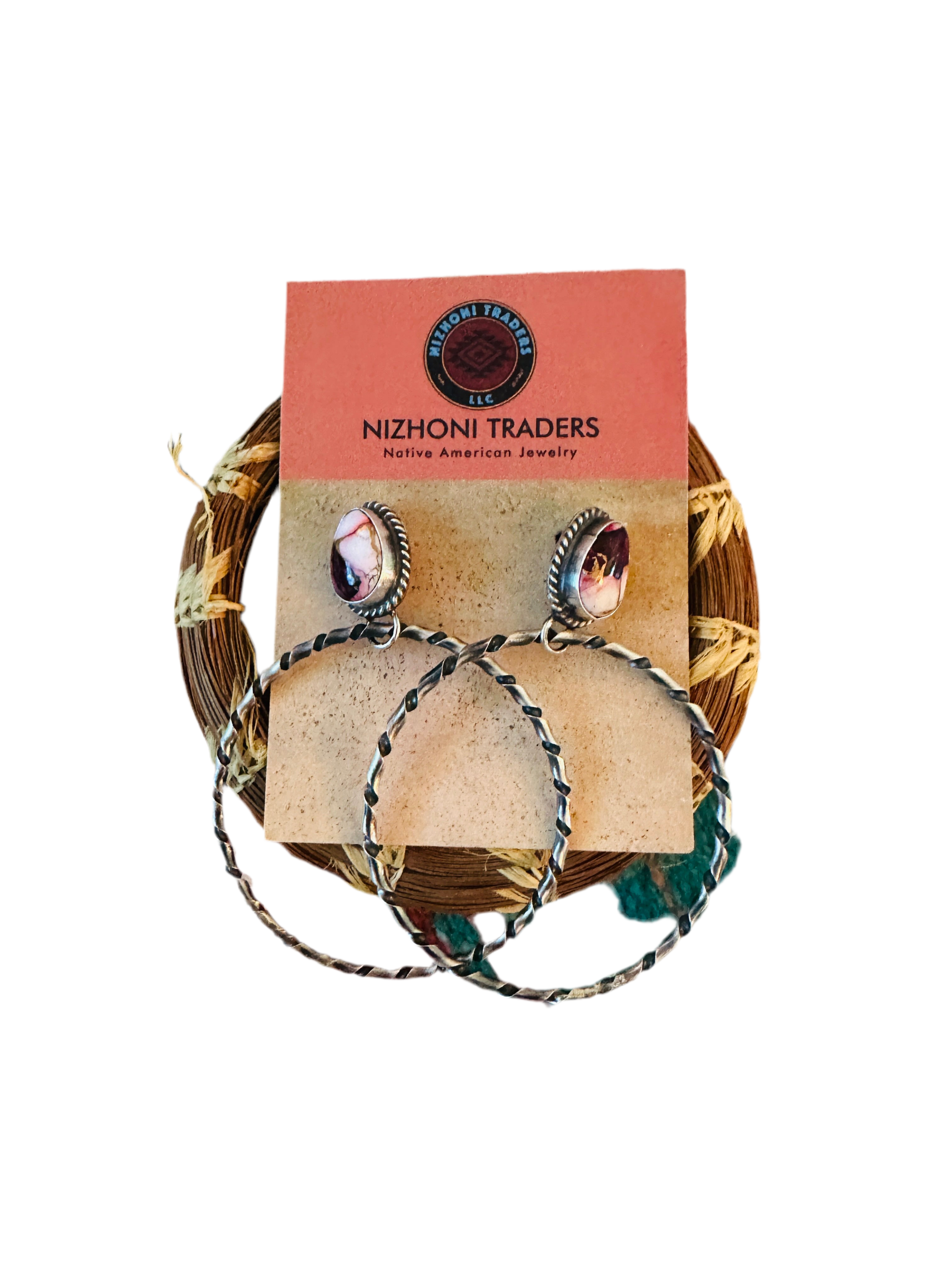 Navajo Rose Dahlia and Sterling Silver Dangle Hoop Earrings