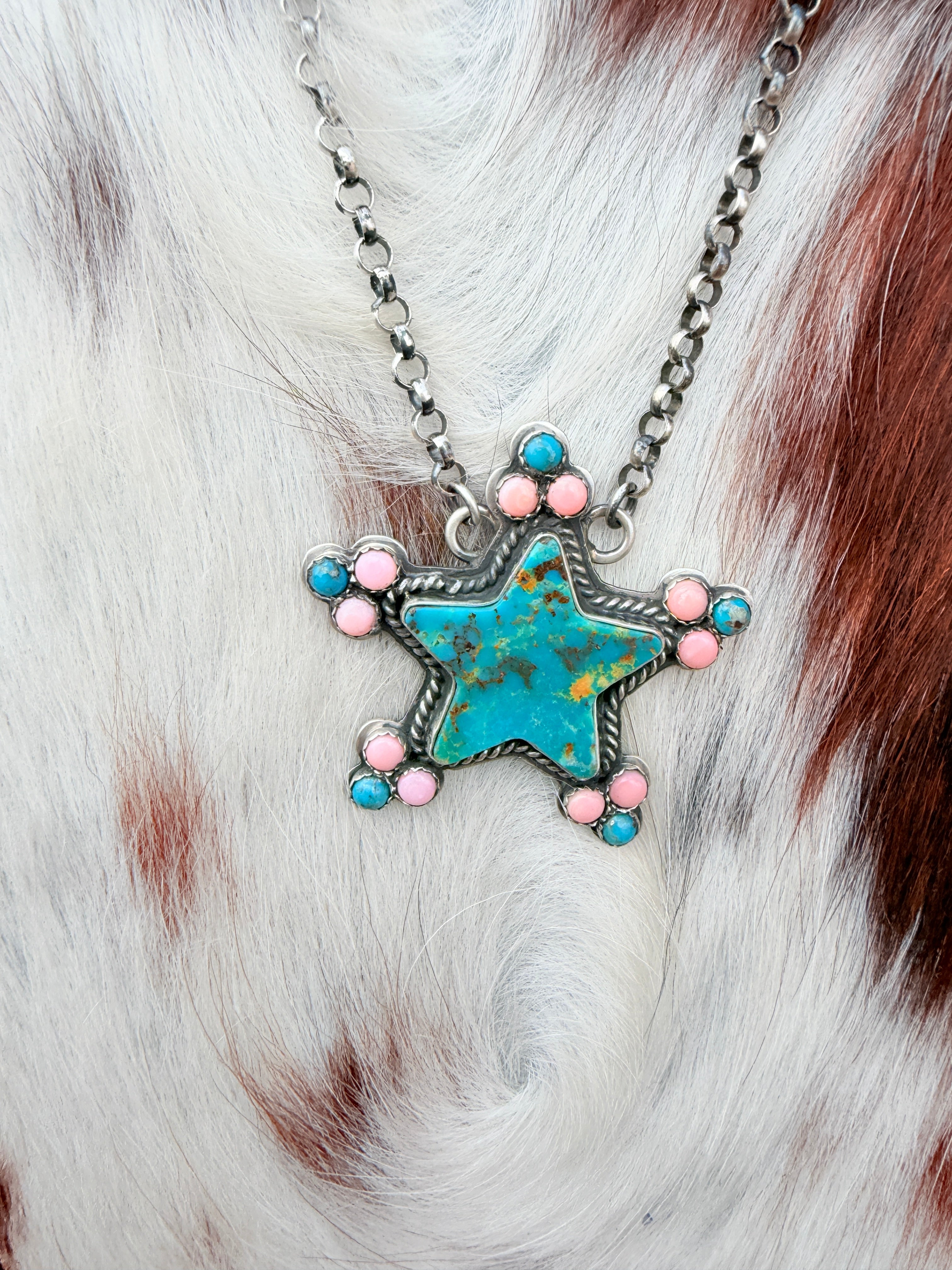 Handcrafted Turquoise, Queen Pink Conch & Sterling Silver Star Necklace