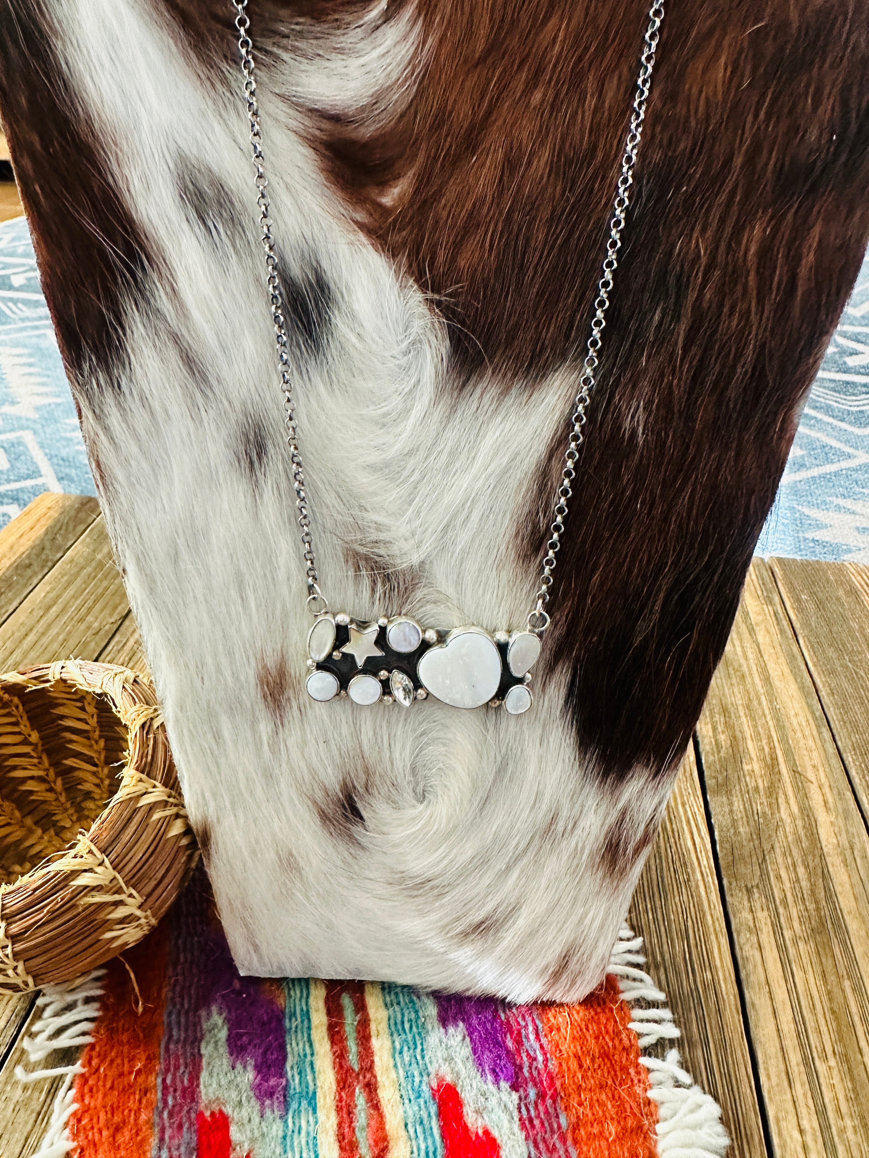 Handcrafted Mother of Pearl, CZ & Sterling Silver Bar Necklace by Jacqueline Silver