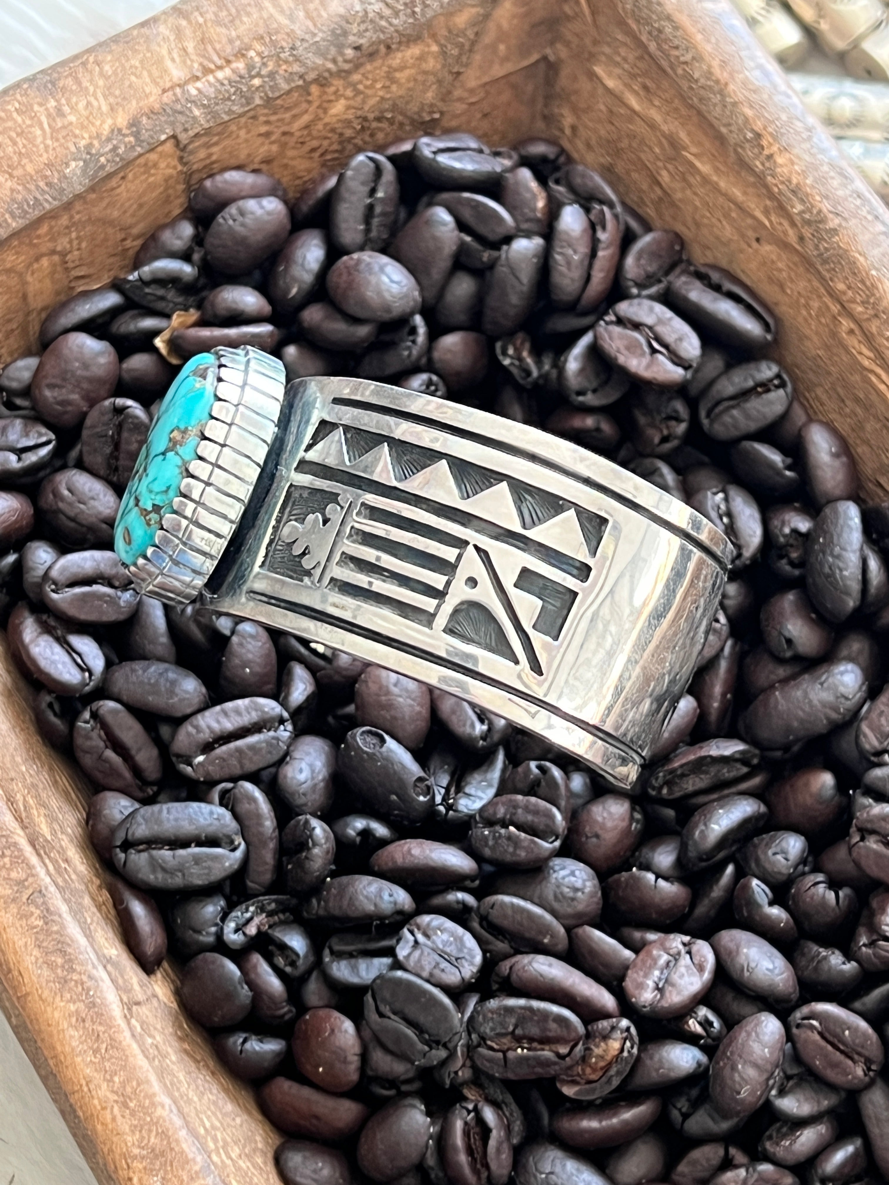 Handcrafted Timmy Earl Yazzie Kilt Design Sterling and Turquoise Cuff