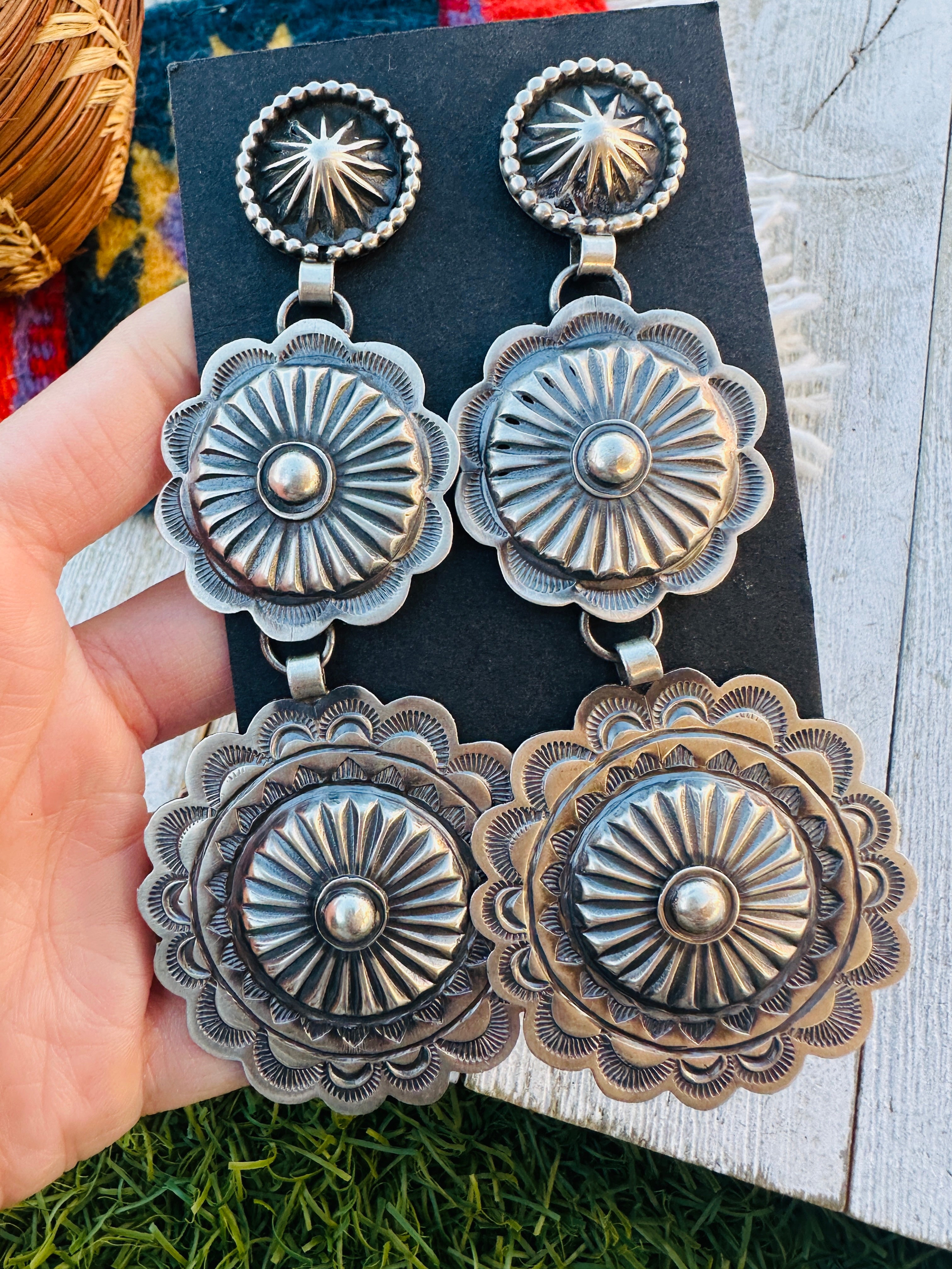 Handcrafted Sterling Silver Concho Dangle Earrings by Hemerson Brown