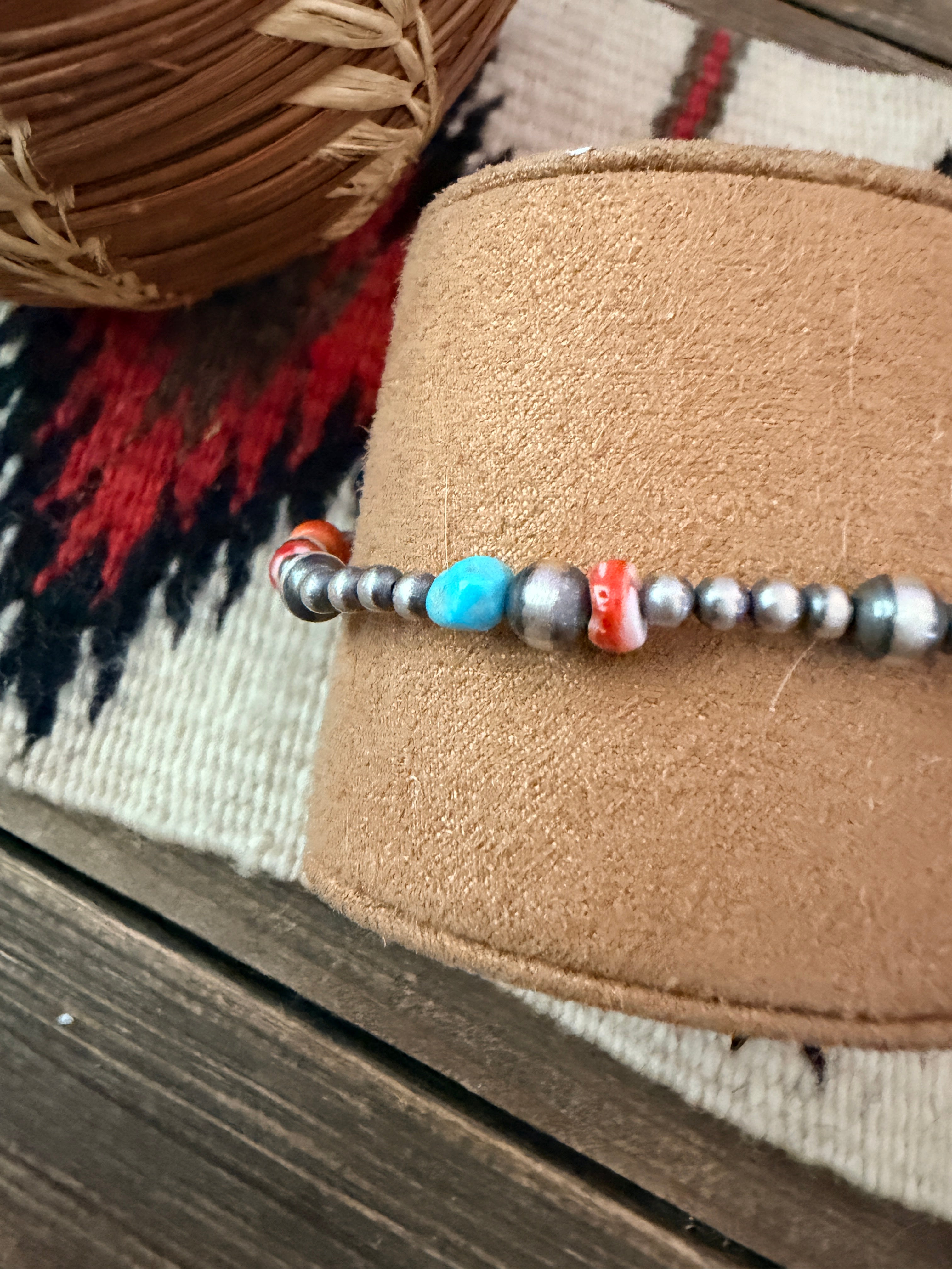 Handcrafted Turquoise, Spiny Oyster & Sterling Silver Pearl Beaded Stretch Bracelet