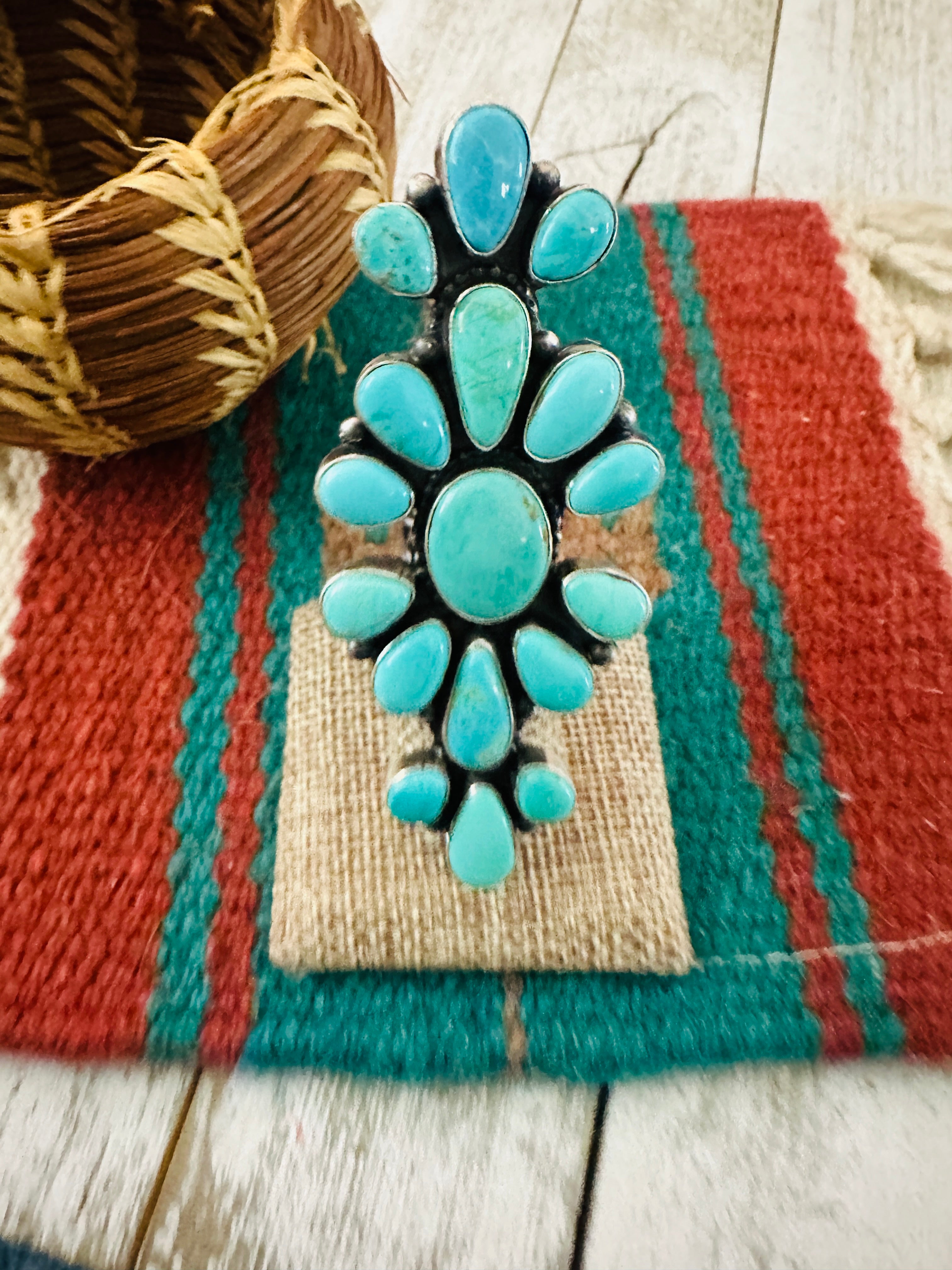 Handcrafted Sterling Silver & Turquoise Cluster Ring Size 6
