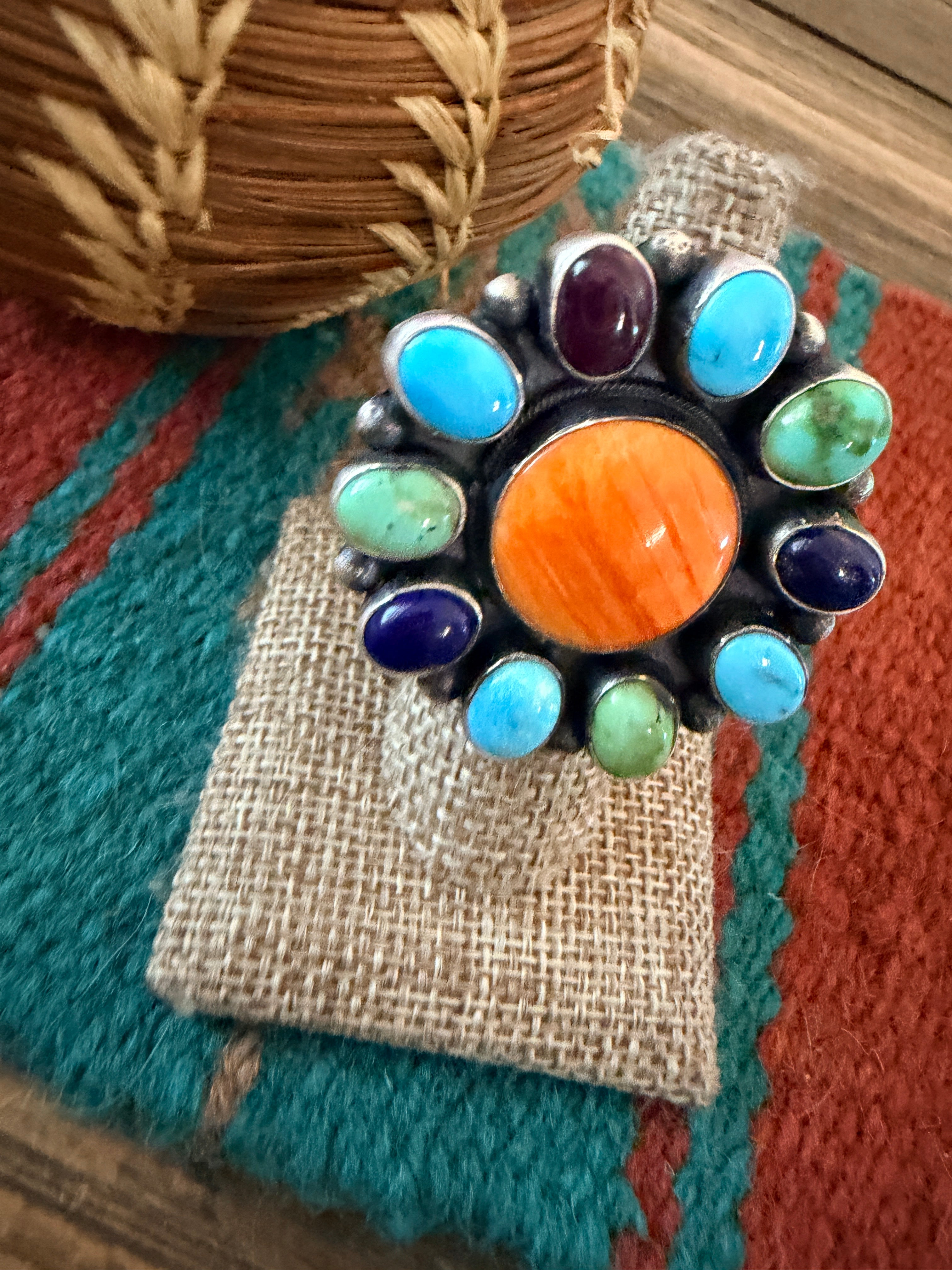 Handcrafted Multi Stone & Sterling Silver Cluster Adjustable Ring by Sheila Becenti