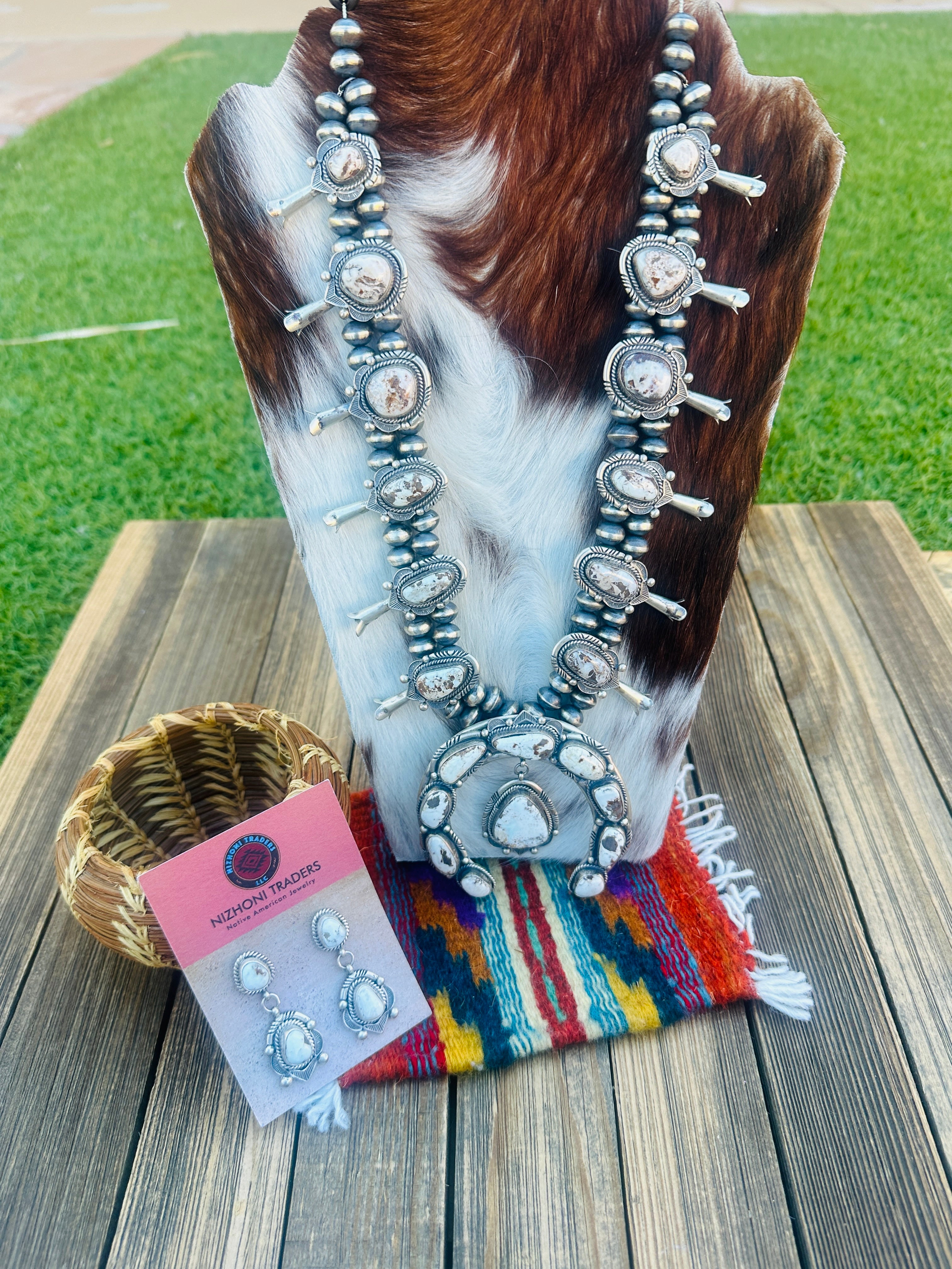 Handcrafted Dry Creek Turquoise & Sterling Silver Squash Blossom Necklace and Earring Set