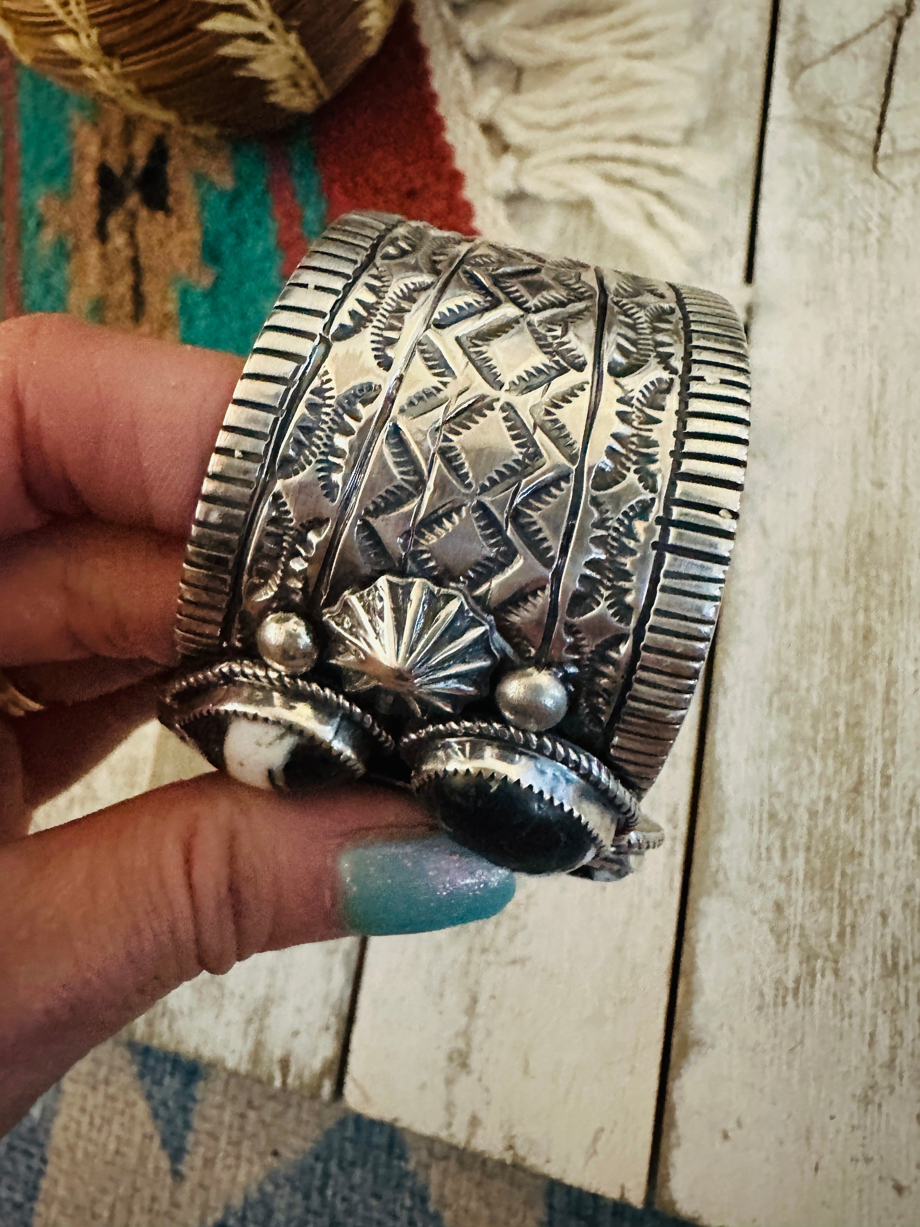 Navajo White Buffalo & Sterling Silver Cluster Cuff Bracelet