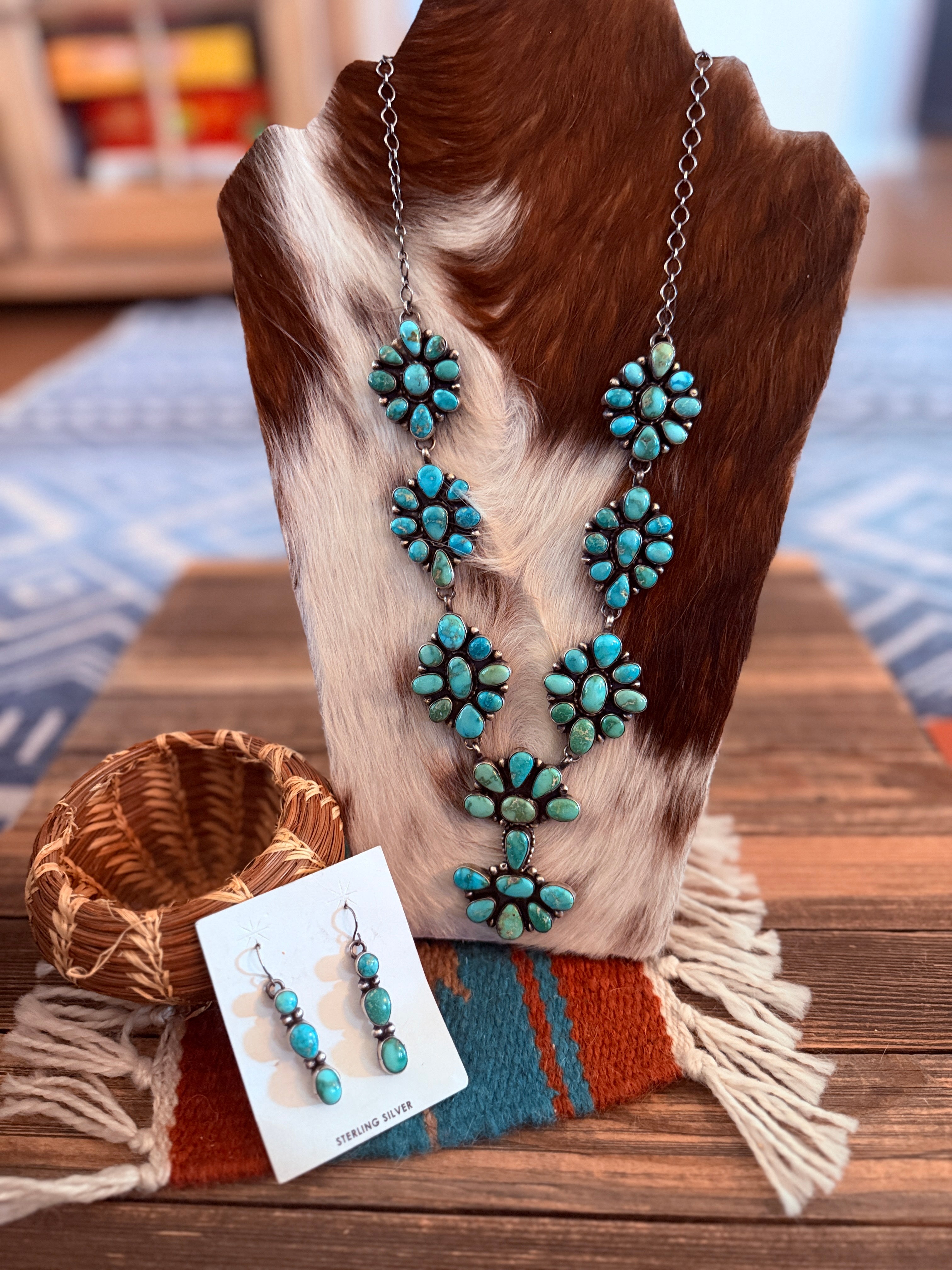 Handcrafted Sonoran Mountain Turquoise & Sterling Silver Necklace and Earring Set by Sheila Becenti
