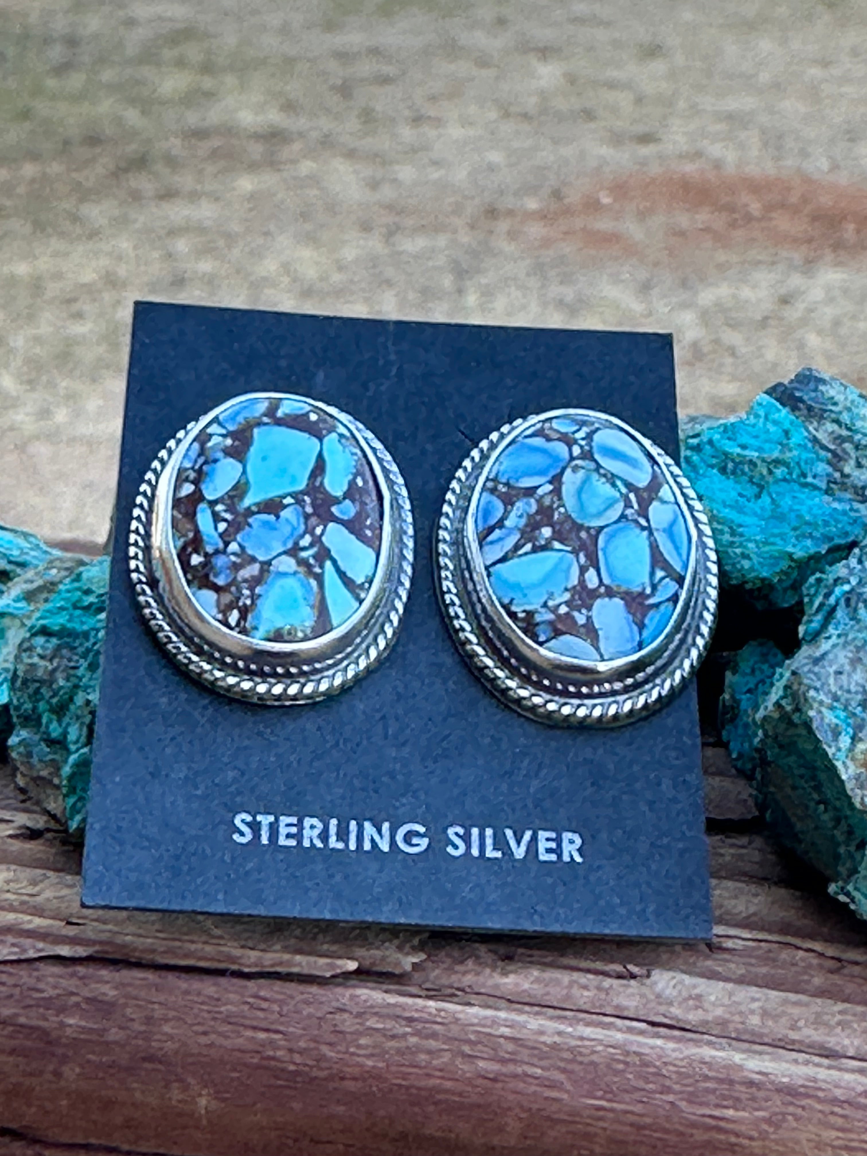 Sterling Silver & Golden Hills Turquoise Post Earrings Signed