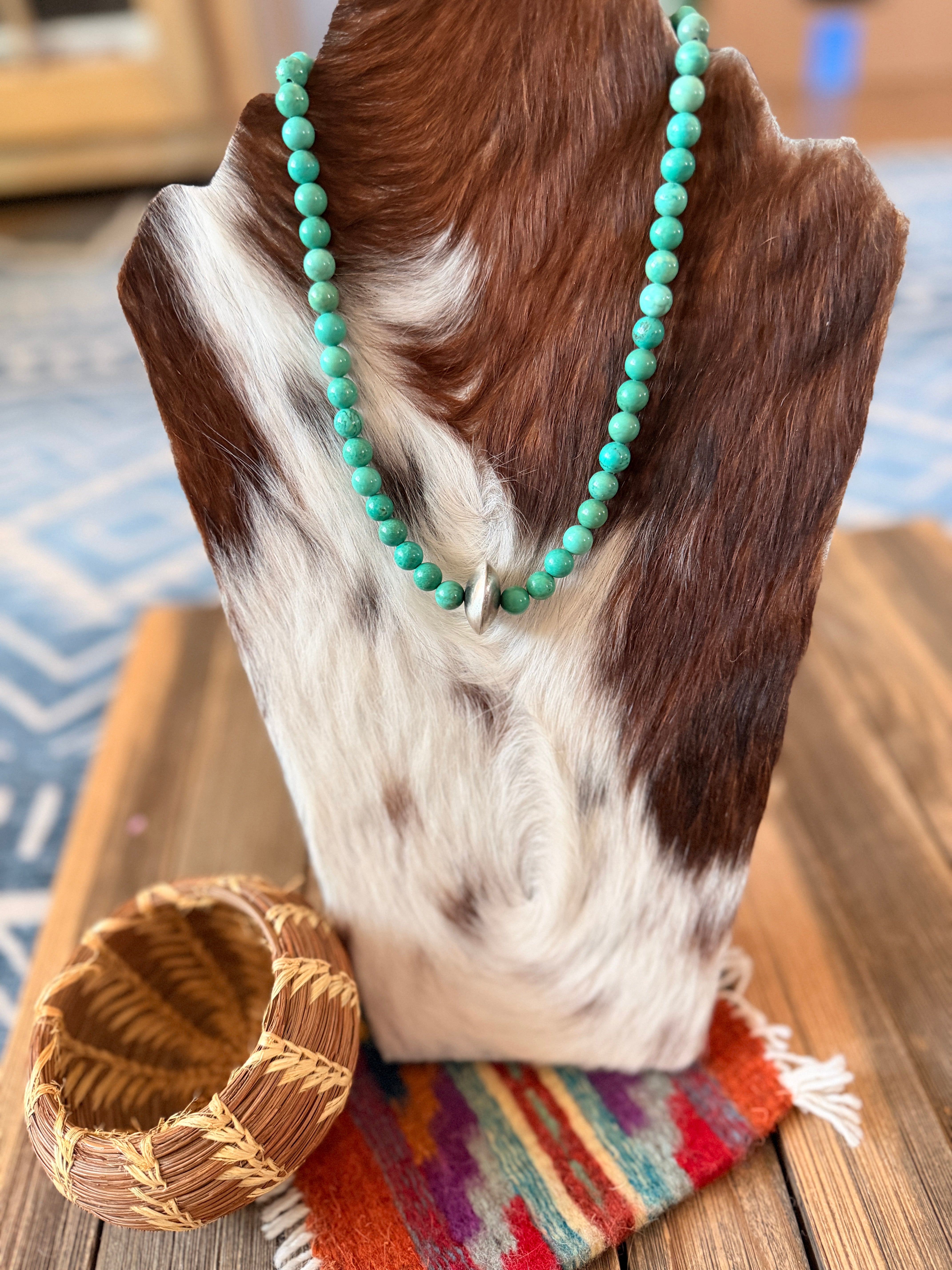 Handcrafted Turquoise & Sterling Silver Beaded 16” Necklace