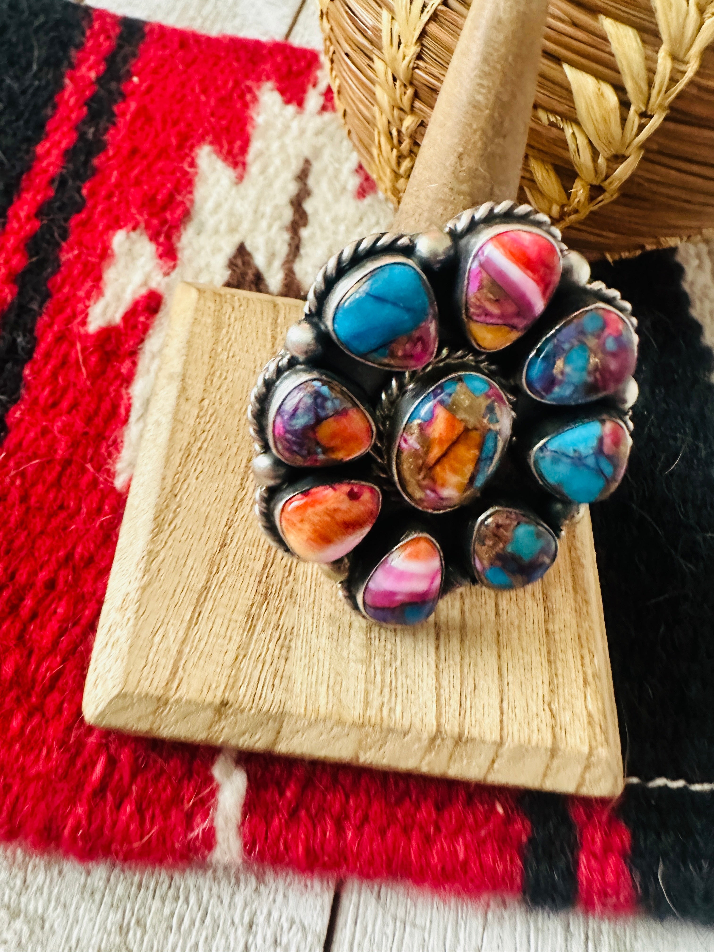 Handcrafted Sterling Silver & Pink Dream Mojave Cluster Adjustable Ring