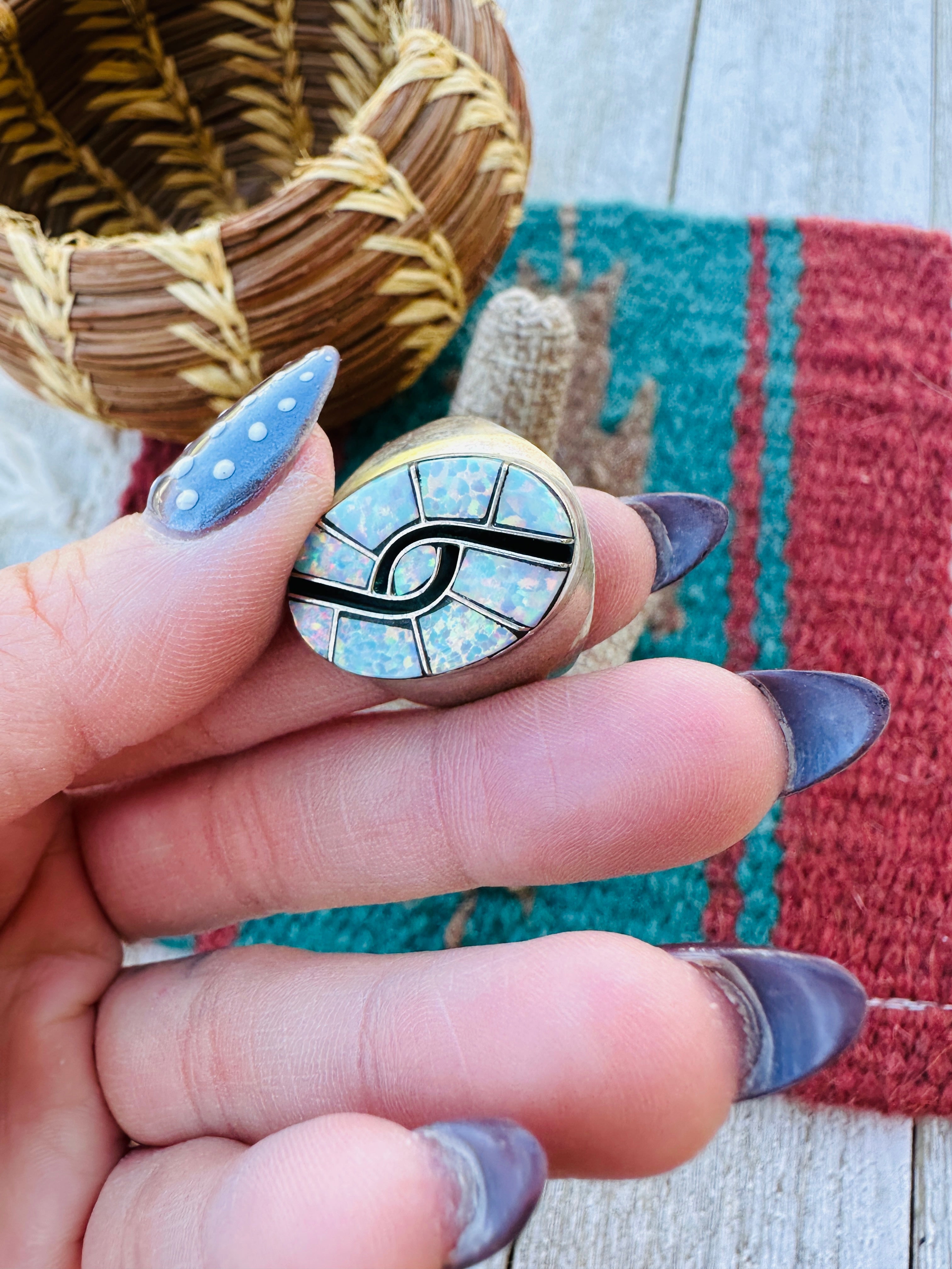 Old Pawn Handcrafted Opal, Onyx & Sterling Silver Inlay Ring Size 11