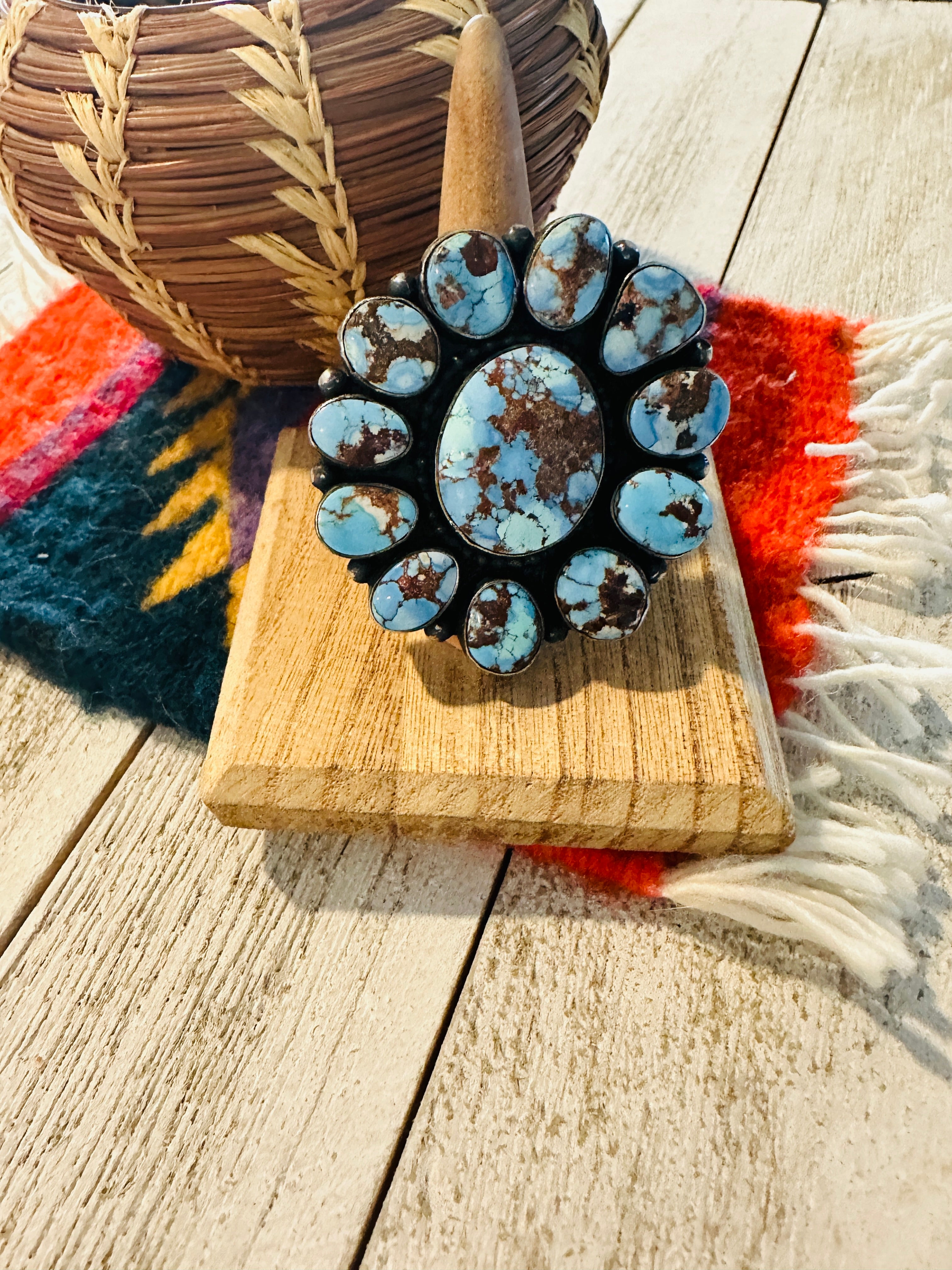 Navajo Golden Hills Turquoise & Sterling Silver Cluster Ring by Blaine Yellowhorse, Size 8.5