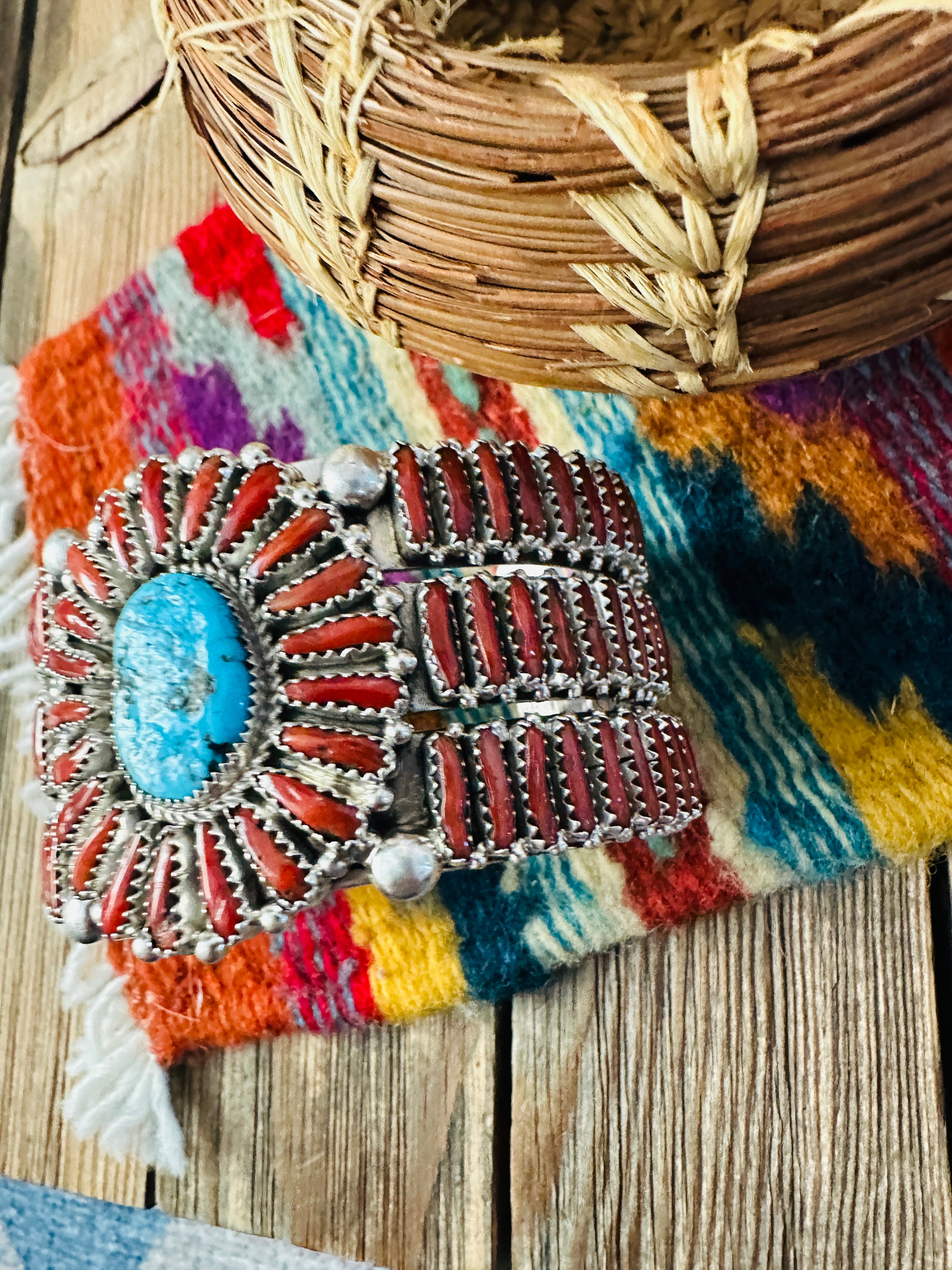 Handcrafted Coral, Turquoise & Sterling Silver Cluster Cuff Bracelet