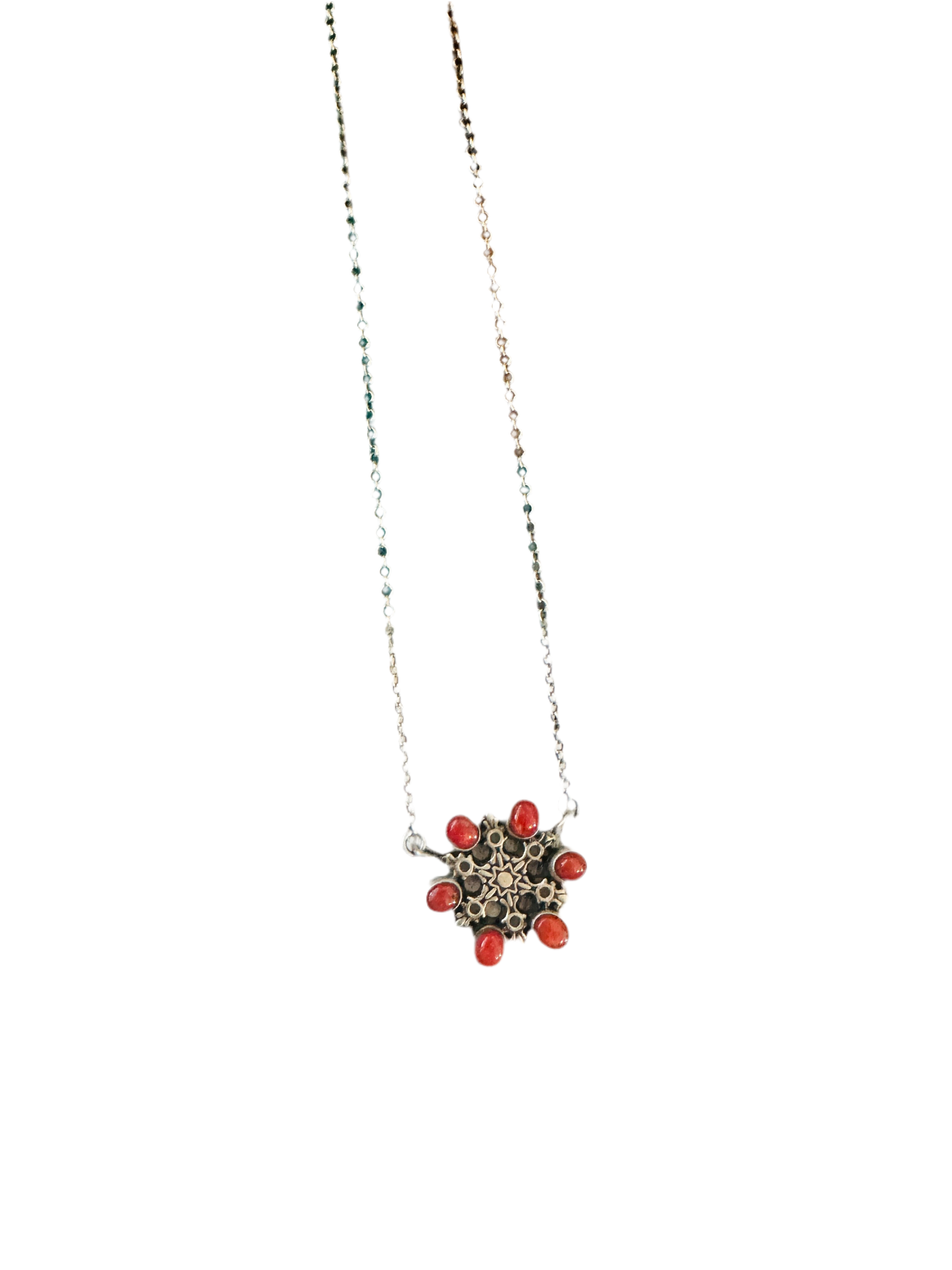** Christmas Collection ** Handmade Sterling Silver & Coral Snowflake Necklace Signed Nizhoni
