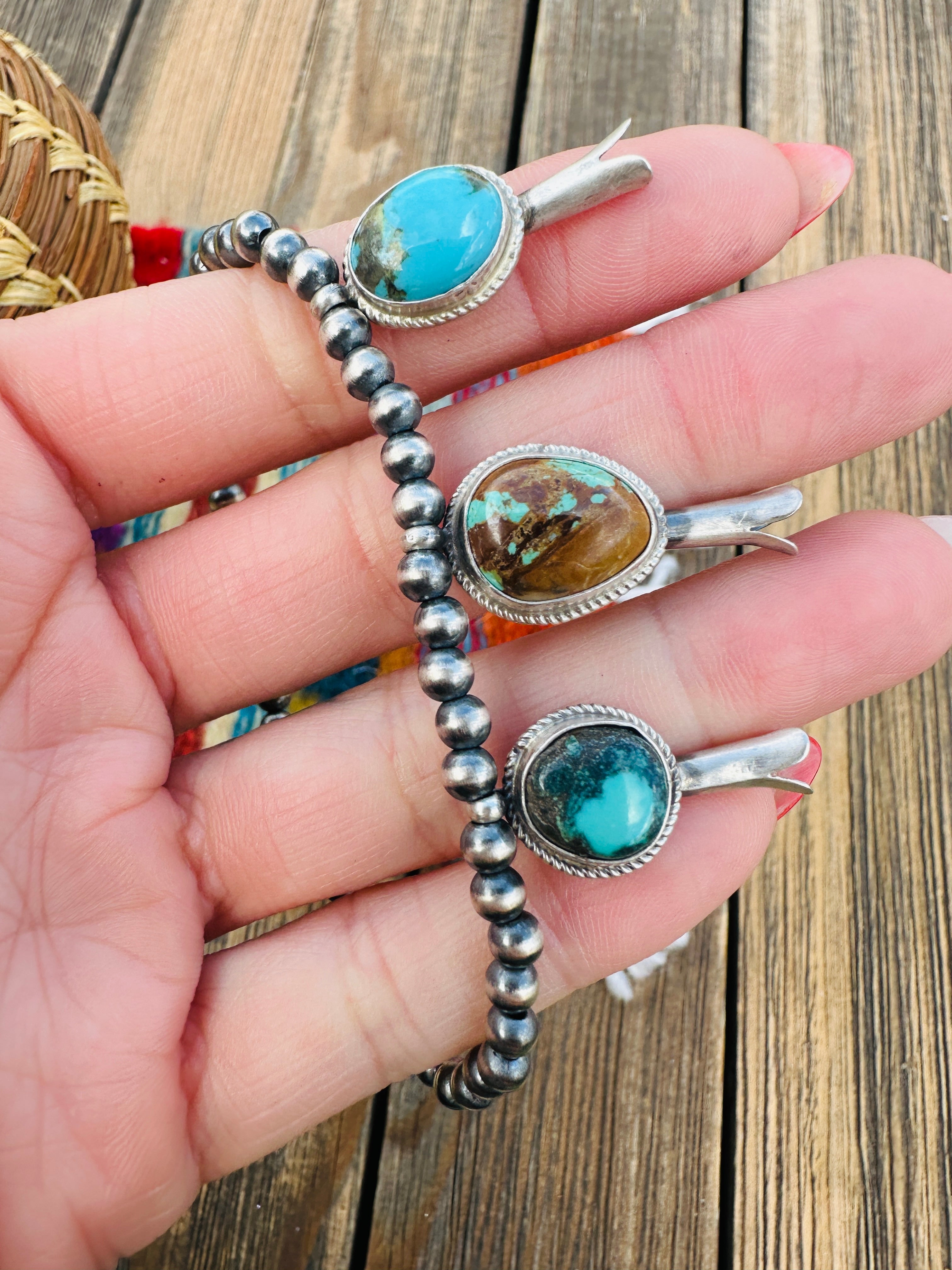 Handcrafted 3mm Sterling Silver Pearl & Turquoise Blossom Stretch Bracelet