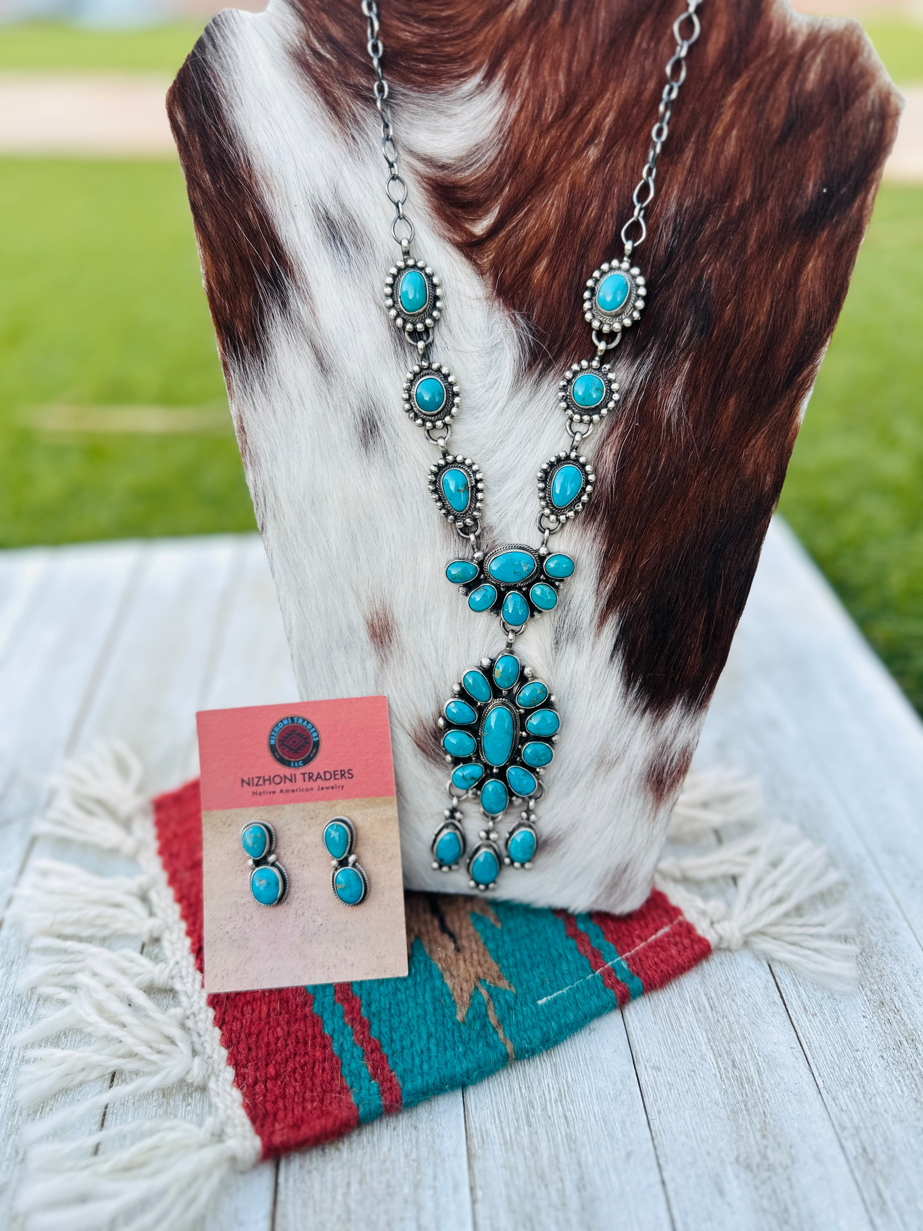 Handcrafted Kingman Turquoise & Sterling Silver Necklace and Earring Set