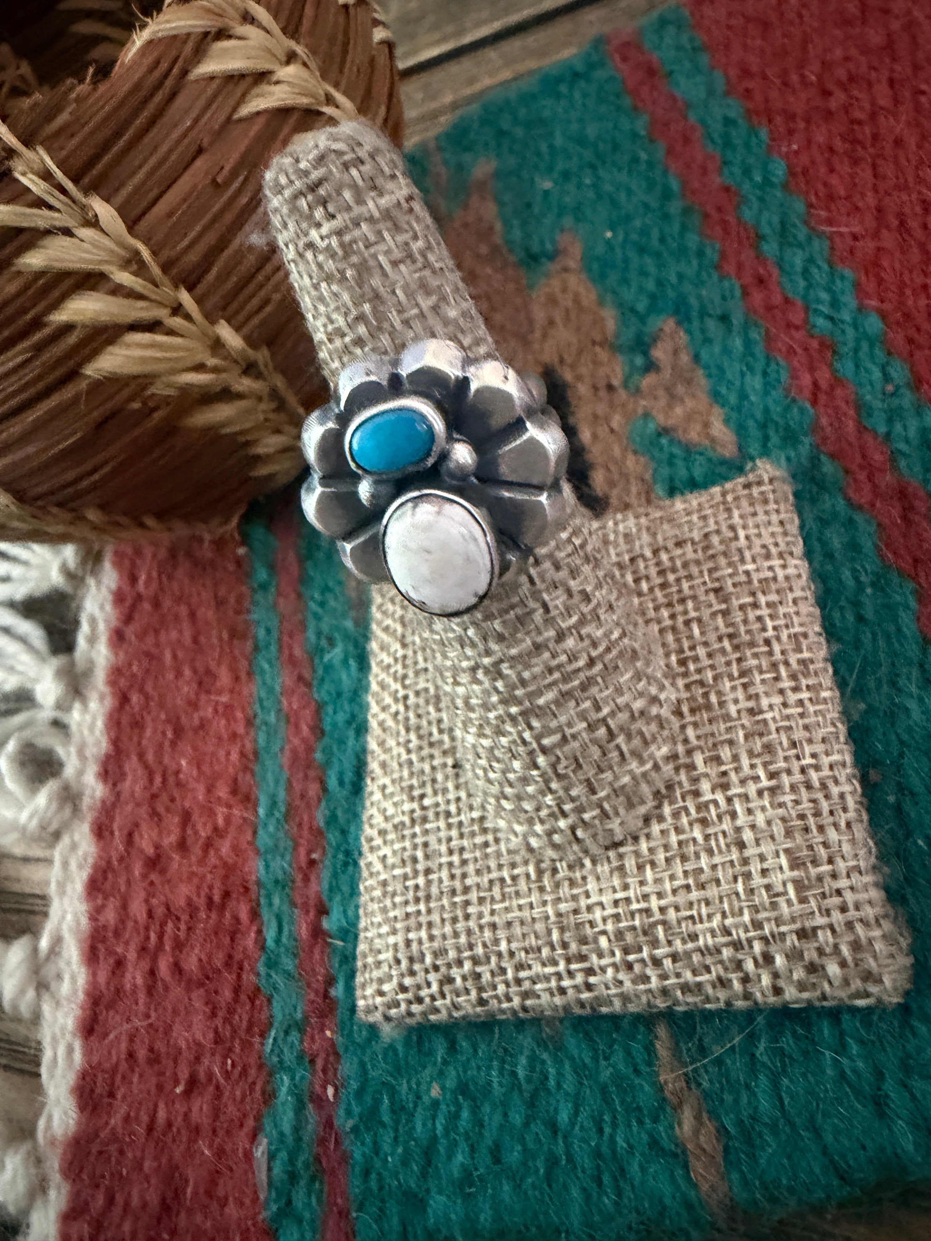 Handcrafted White Buffalo, Turquoise and Sterling Silver Flower Ring size 6.25 by Chimney Butte