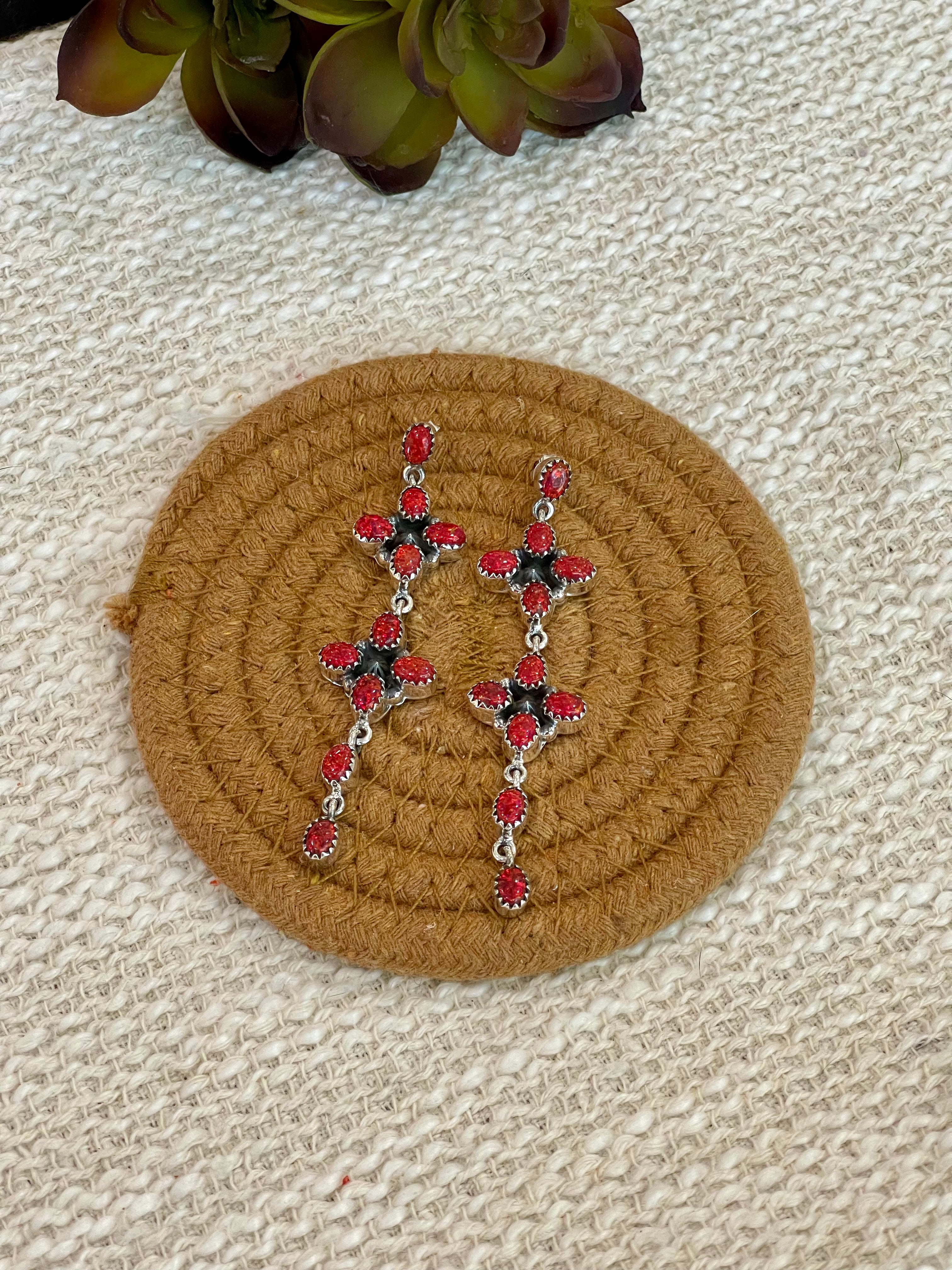 ** 4TH OF JULY ** Handmade Sterling Silver Synthetic Opal Dangle Earrings with Signed Nizhoni