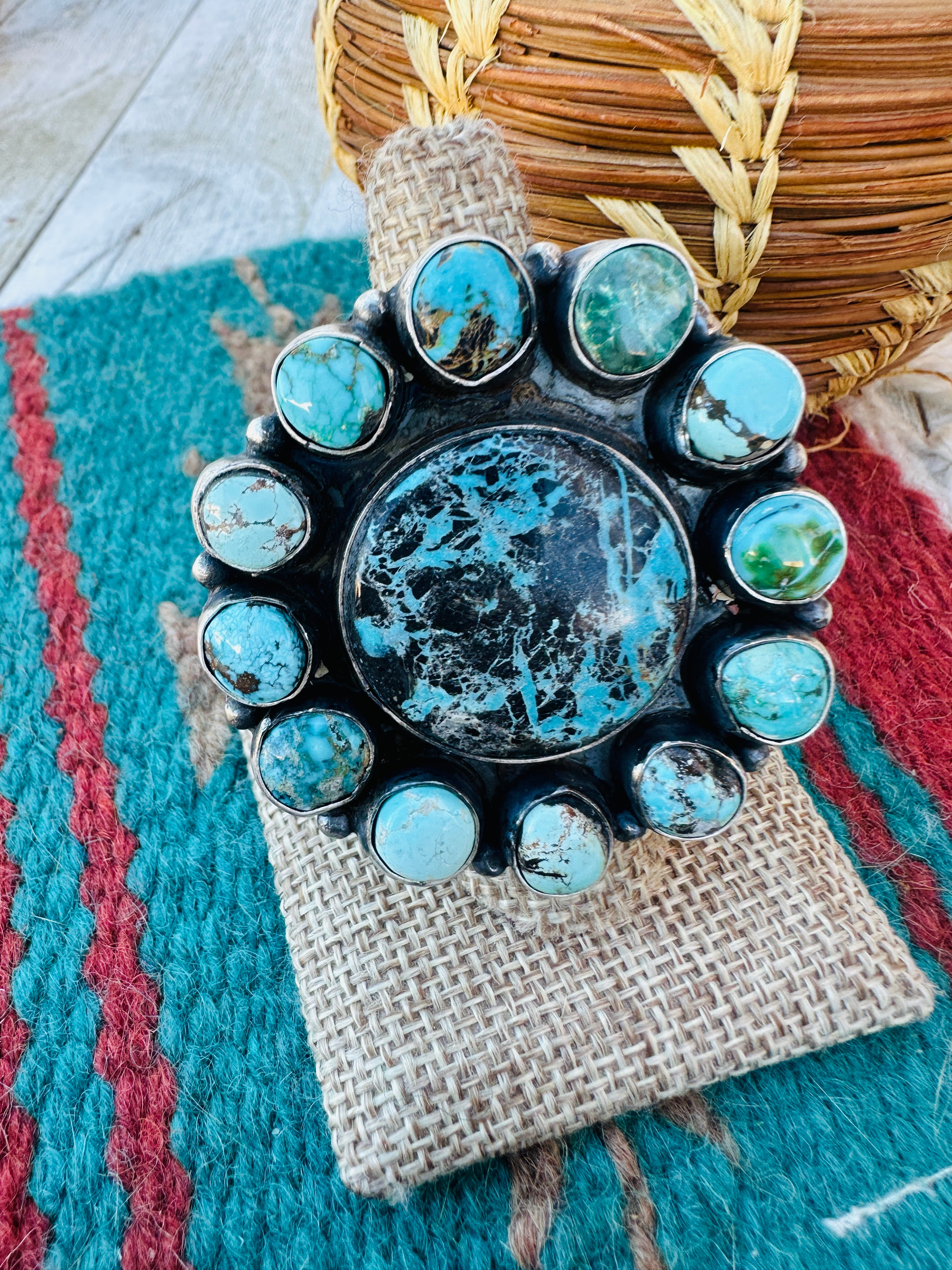 Hand Crafted Multi Turquoise & Sterling Silver Cluster Ring Size 9 by Ella Peter