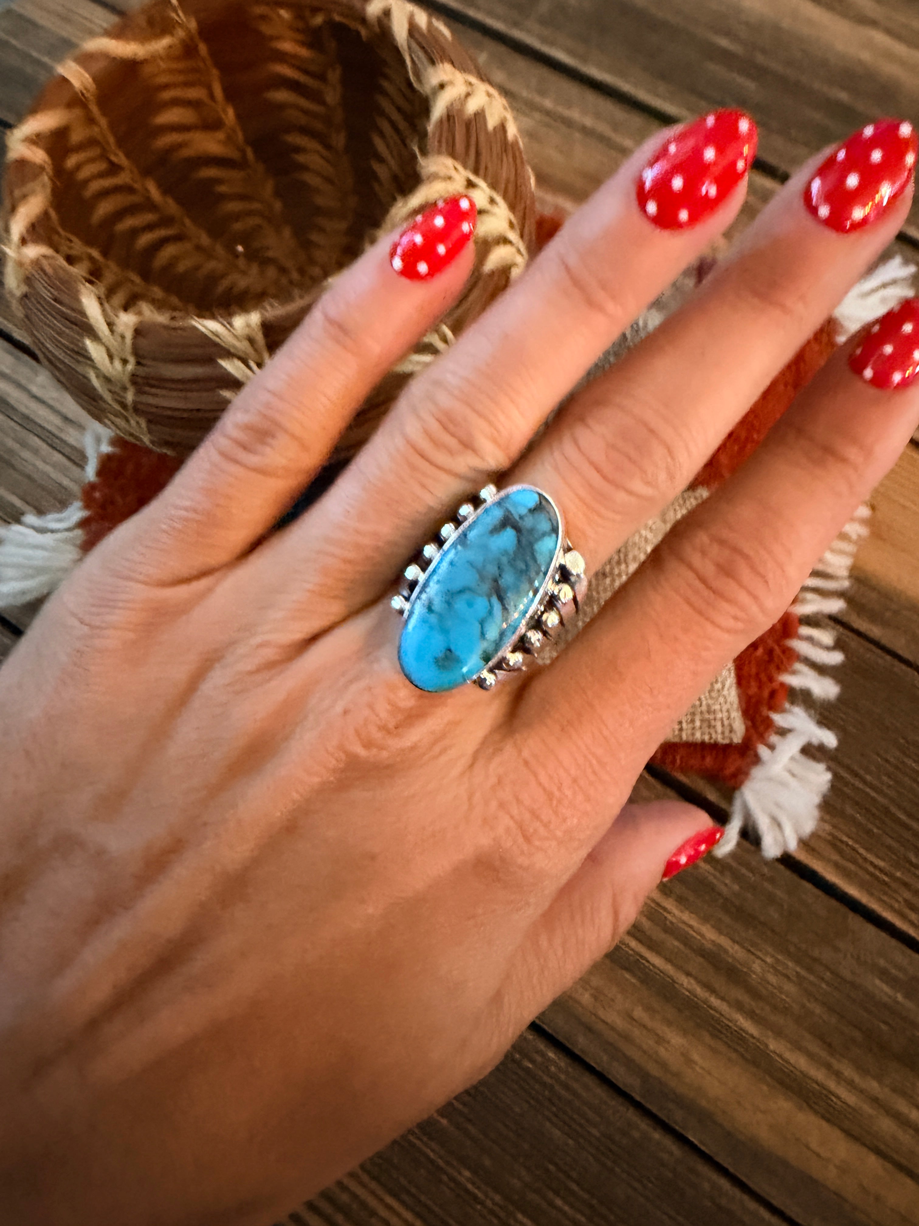 Handcrafted Turquoise & Sterling Silver Ring Size 6.75