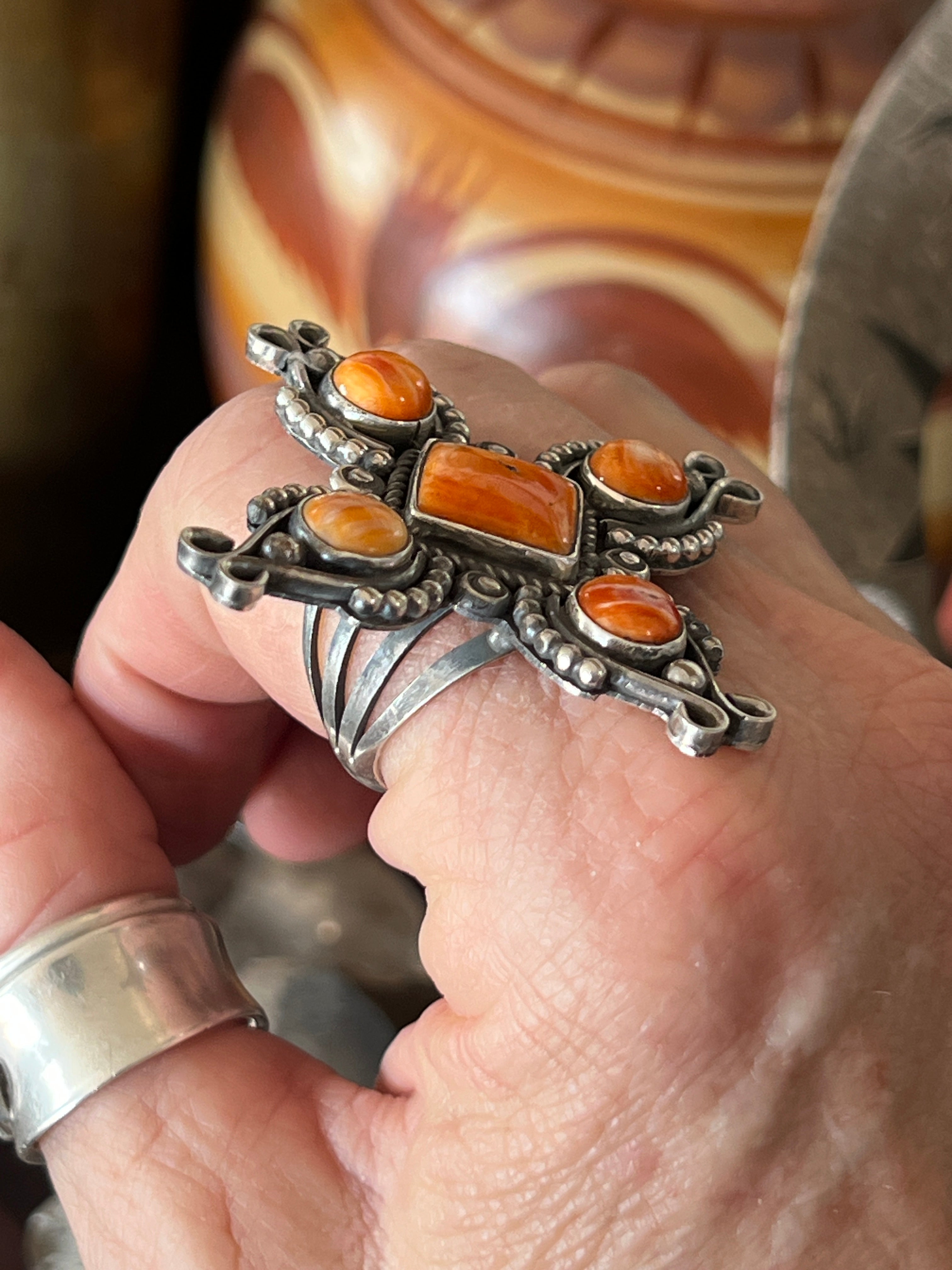 Apache Sterling Silver and Orange Spiny Oyster Shell 4 Direction Ring by Rosella Paxson, Size 10