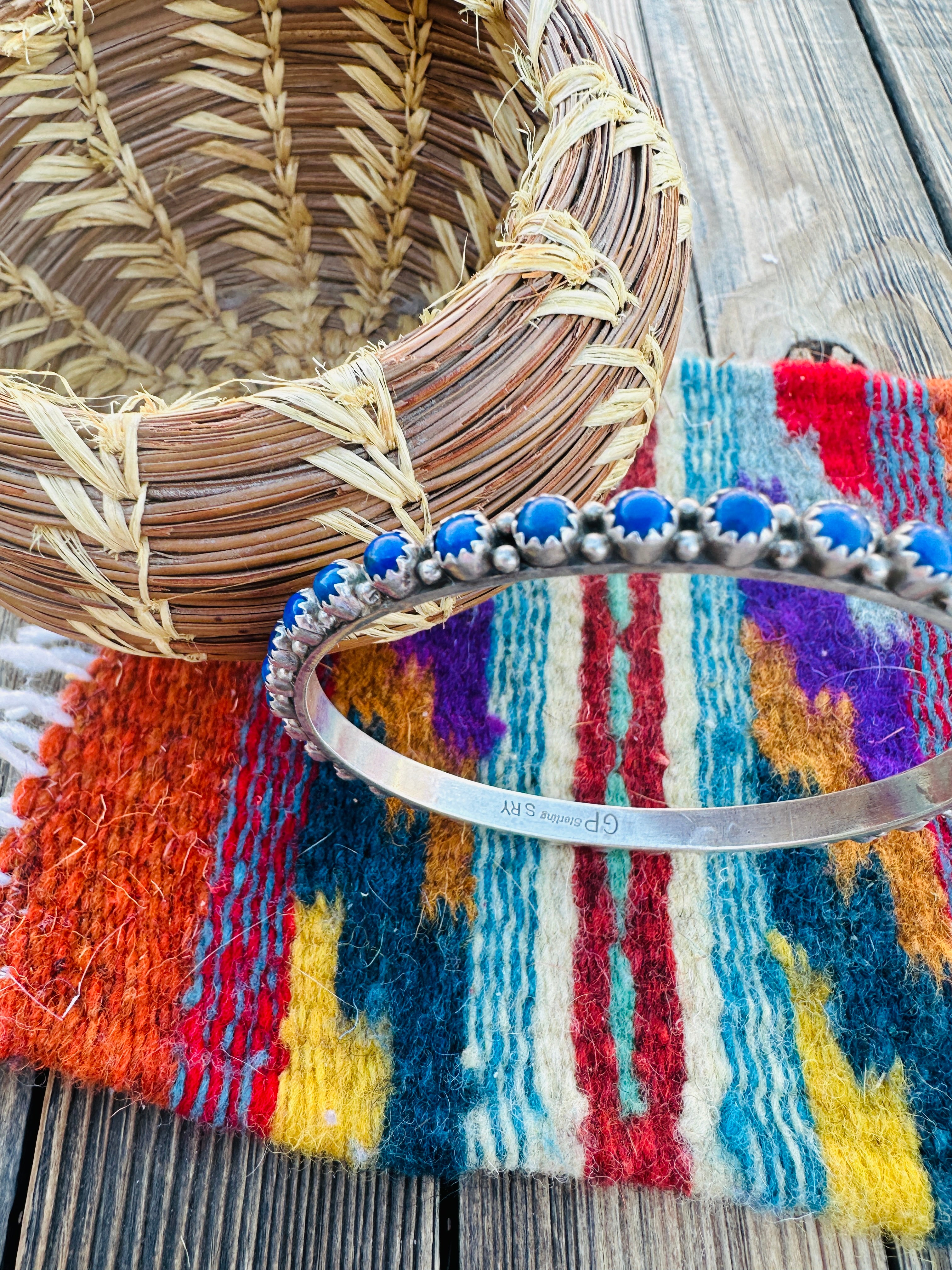 Handcrafted Old Pawn Lapis & Sterling Silver Bangle Bracelet