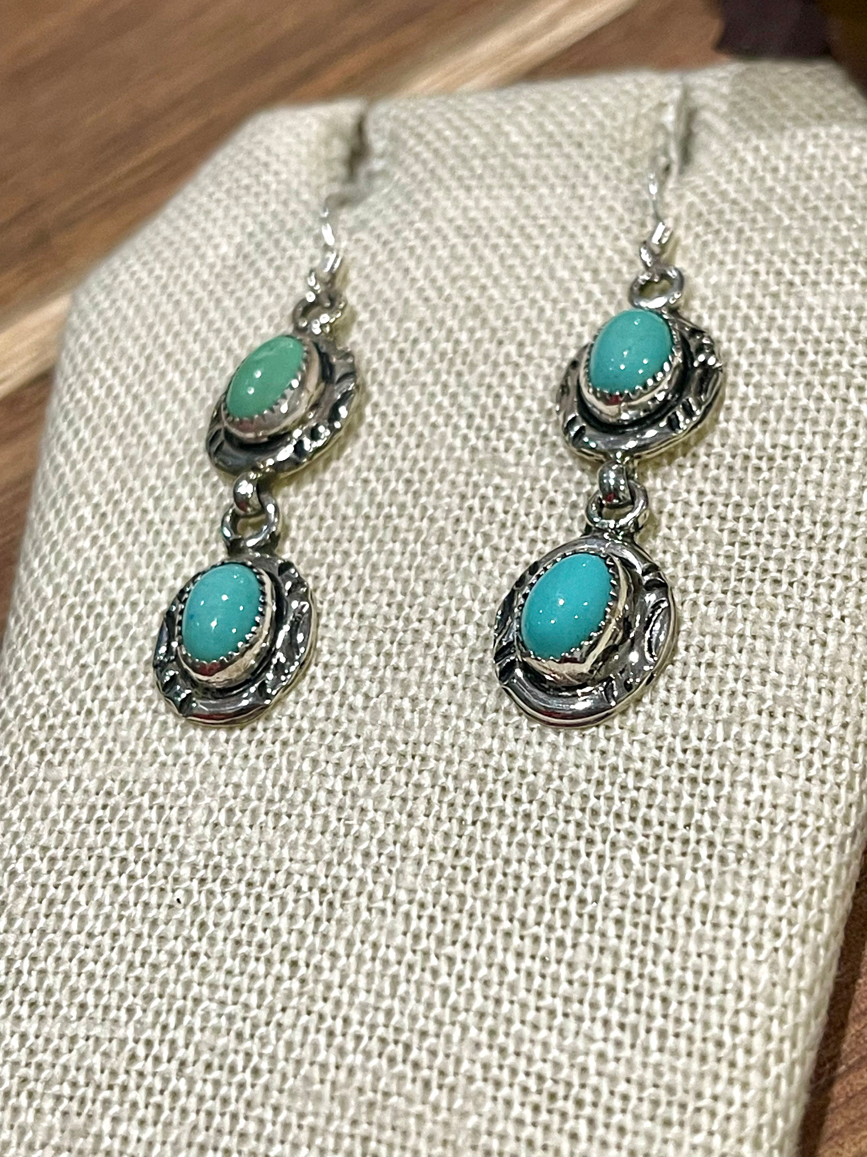 Navajo Turquoise And Sterling Silver Post Dangle Earrings
