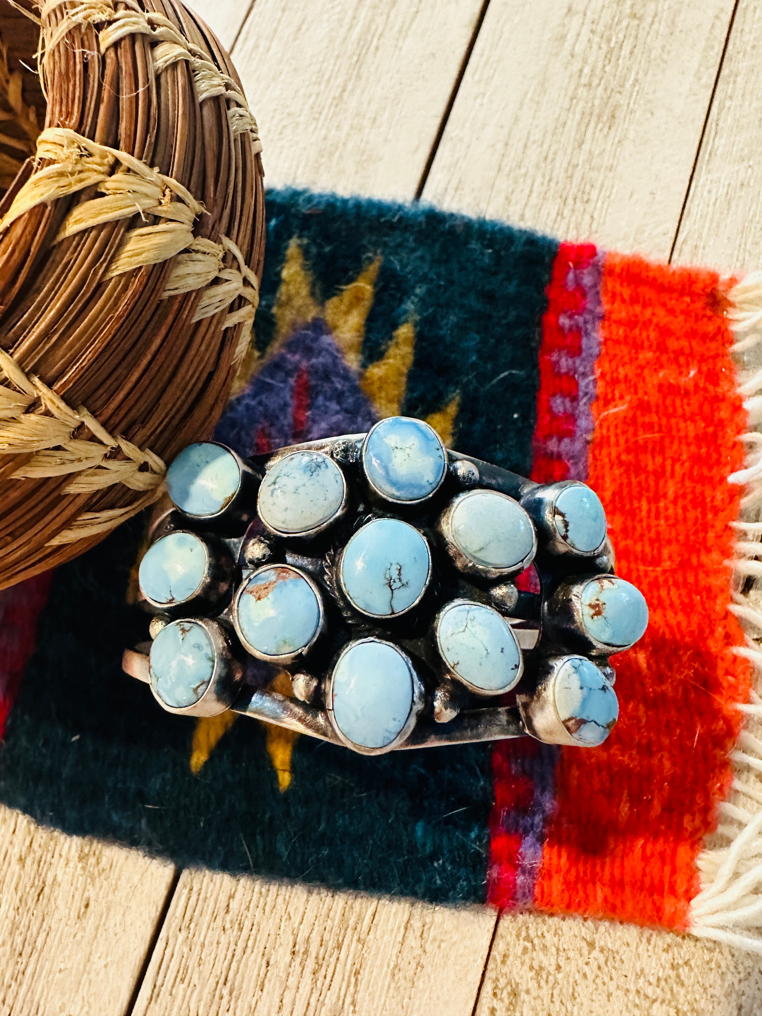 Handcrafted Golden Hills Turquoise & Sterling Silver Cluster Cuff Bracelet