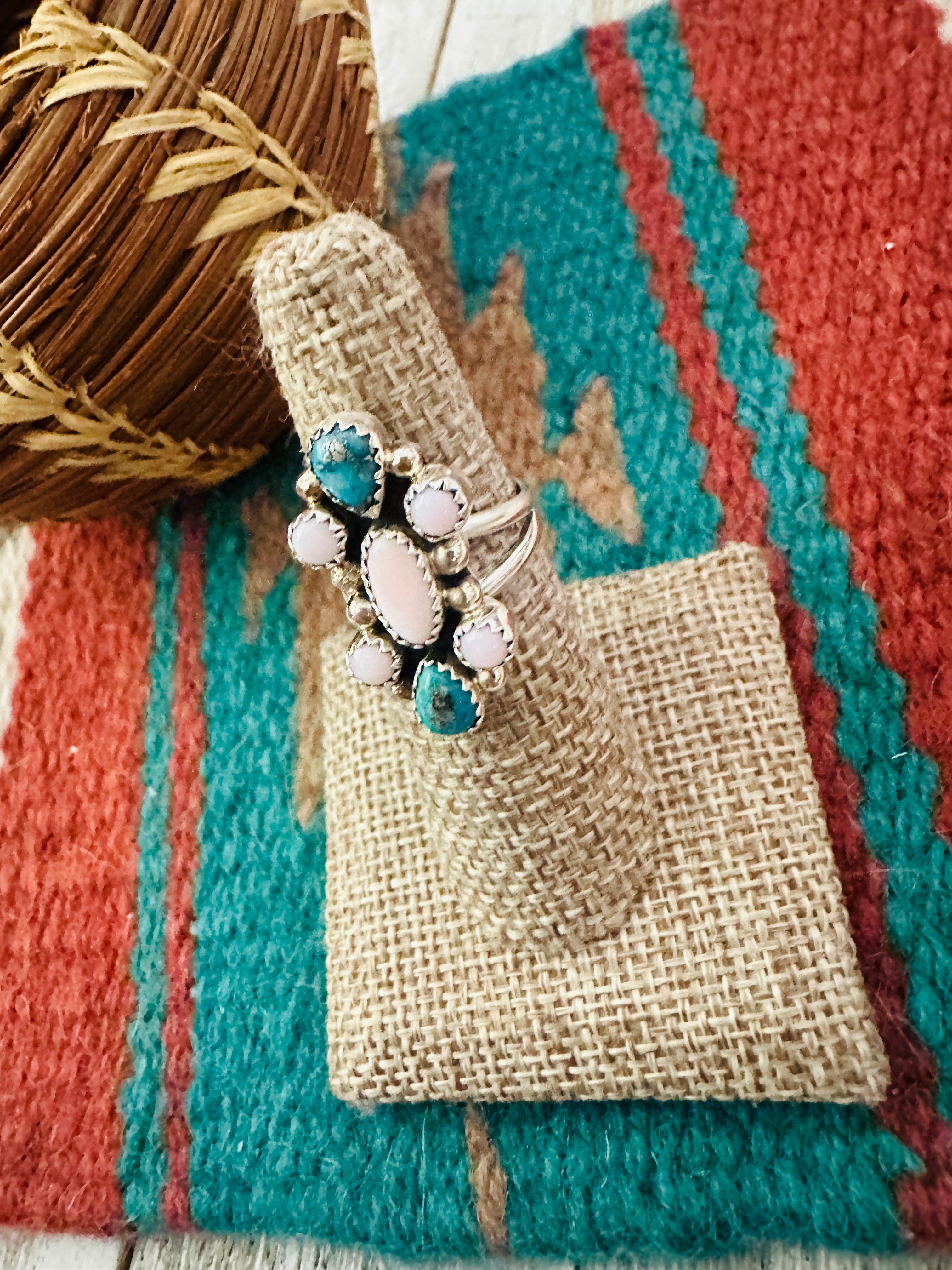 Handcrafted Turquoise, Queen Pink Conch & Sterling Silver Ring