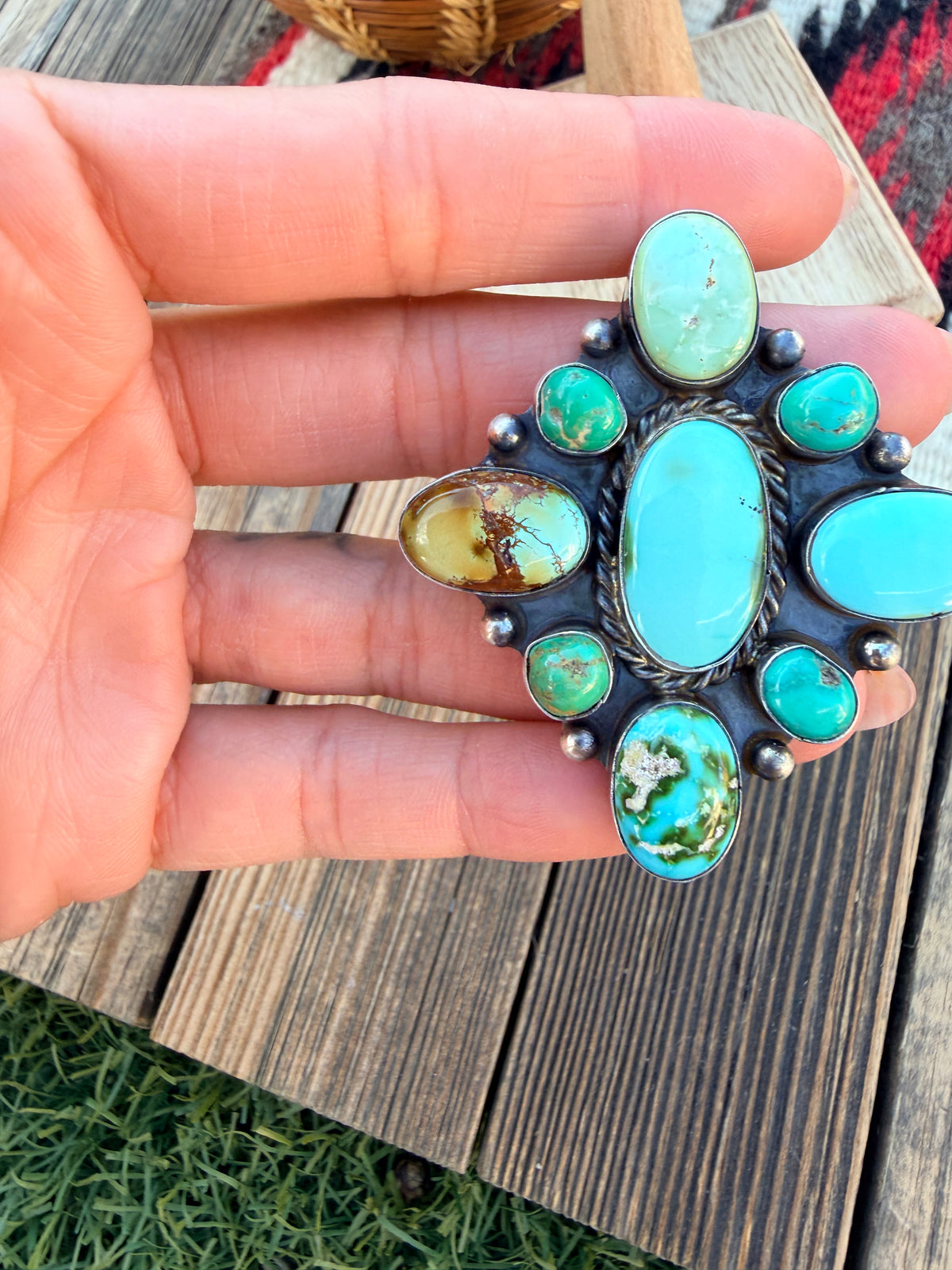 Handcrafted Turquoise & Sterling Silver Cluster Adjustable Ring