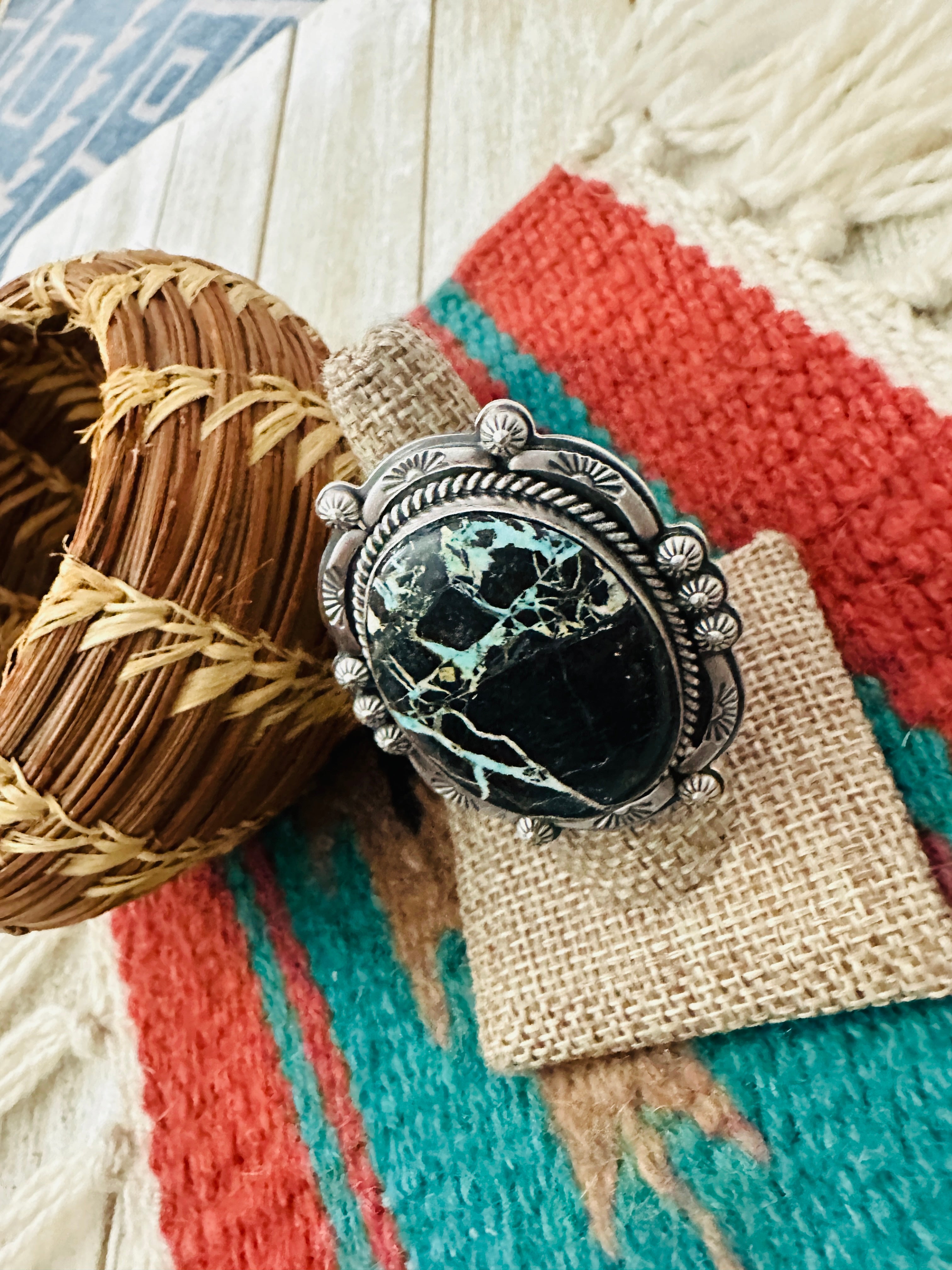 Handcrafted Blackjack Turquoise & Sterling Silver Adjustable Ring