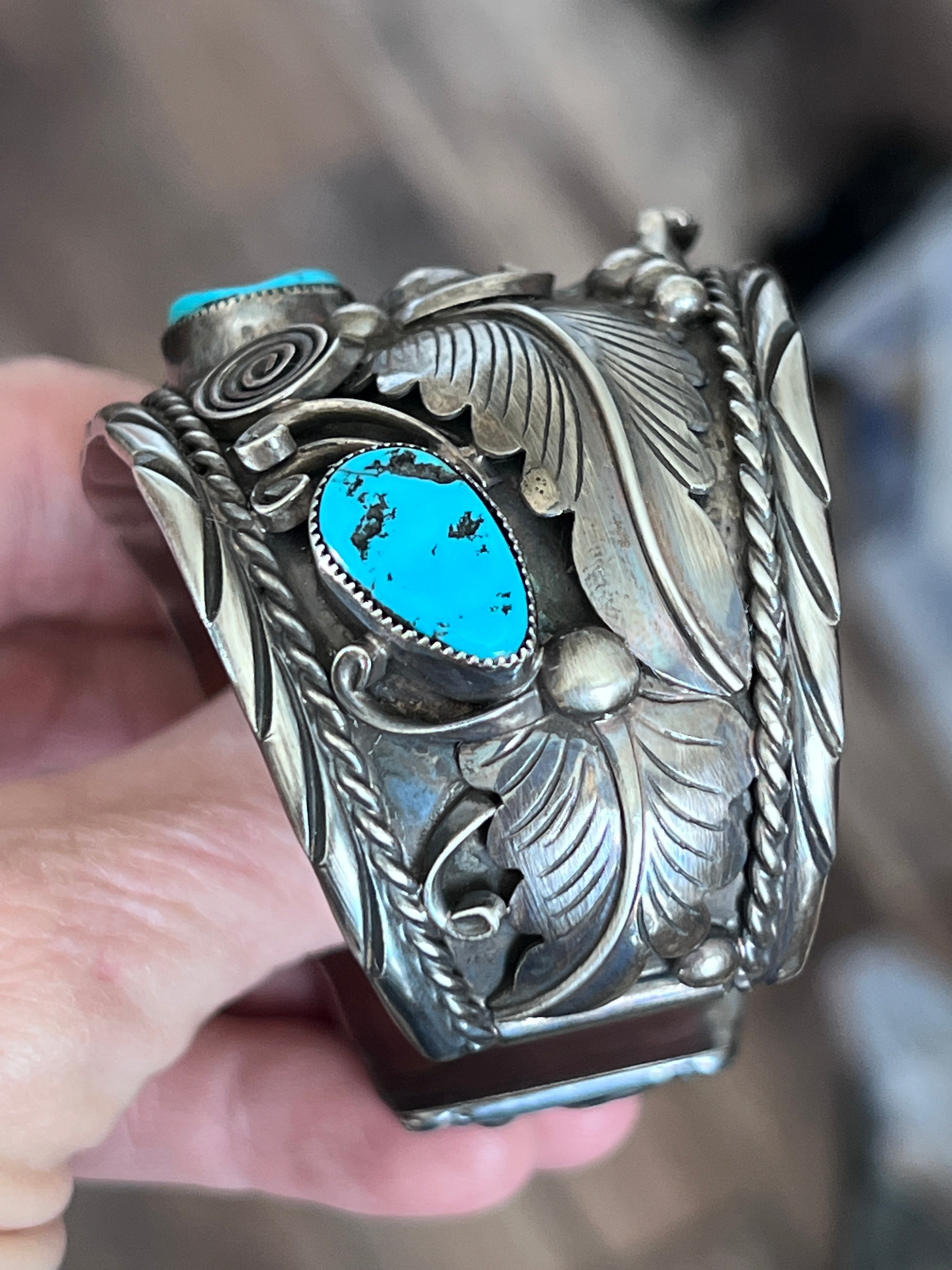 Old Pawn Sterling Silver and Kingman Turquoise Bear Motif Cuff by Running Bear