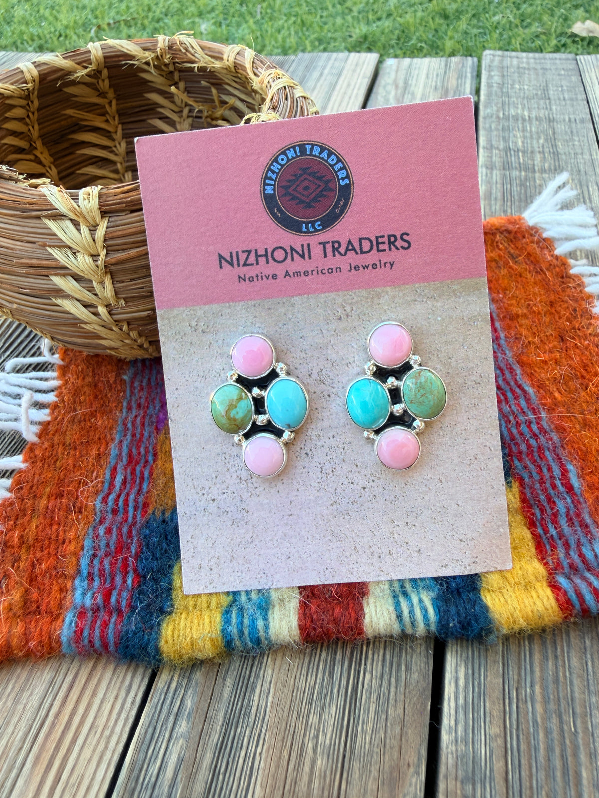 Handcrafted Sterling Silver, Turquoise & Queen Pink Conch Cluster Post Earrings