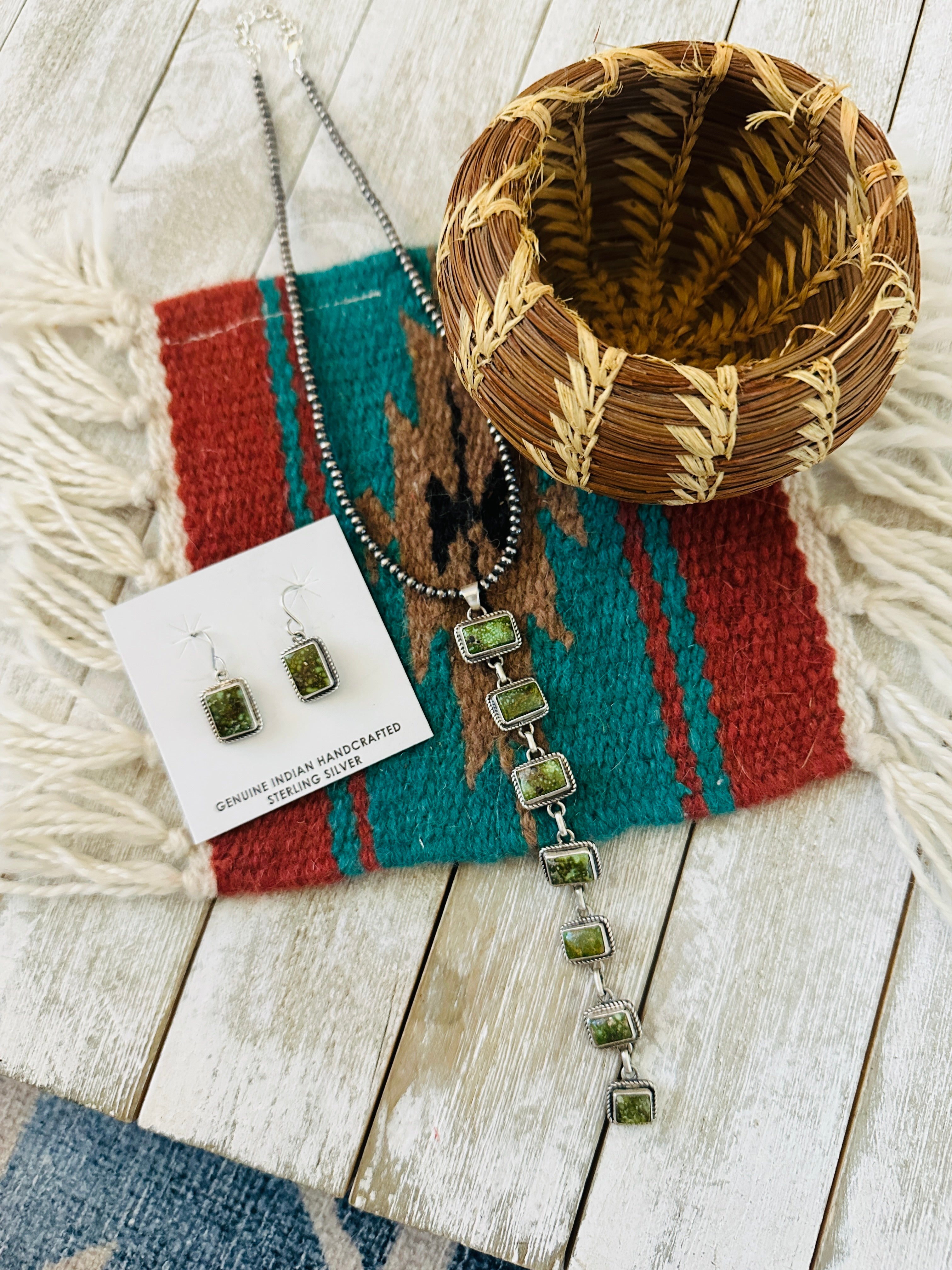 Handcrafted Sonoran Gold Turquoise & Sterling Silver Lariat Necklace Set