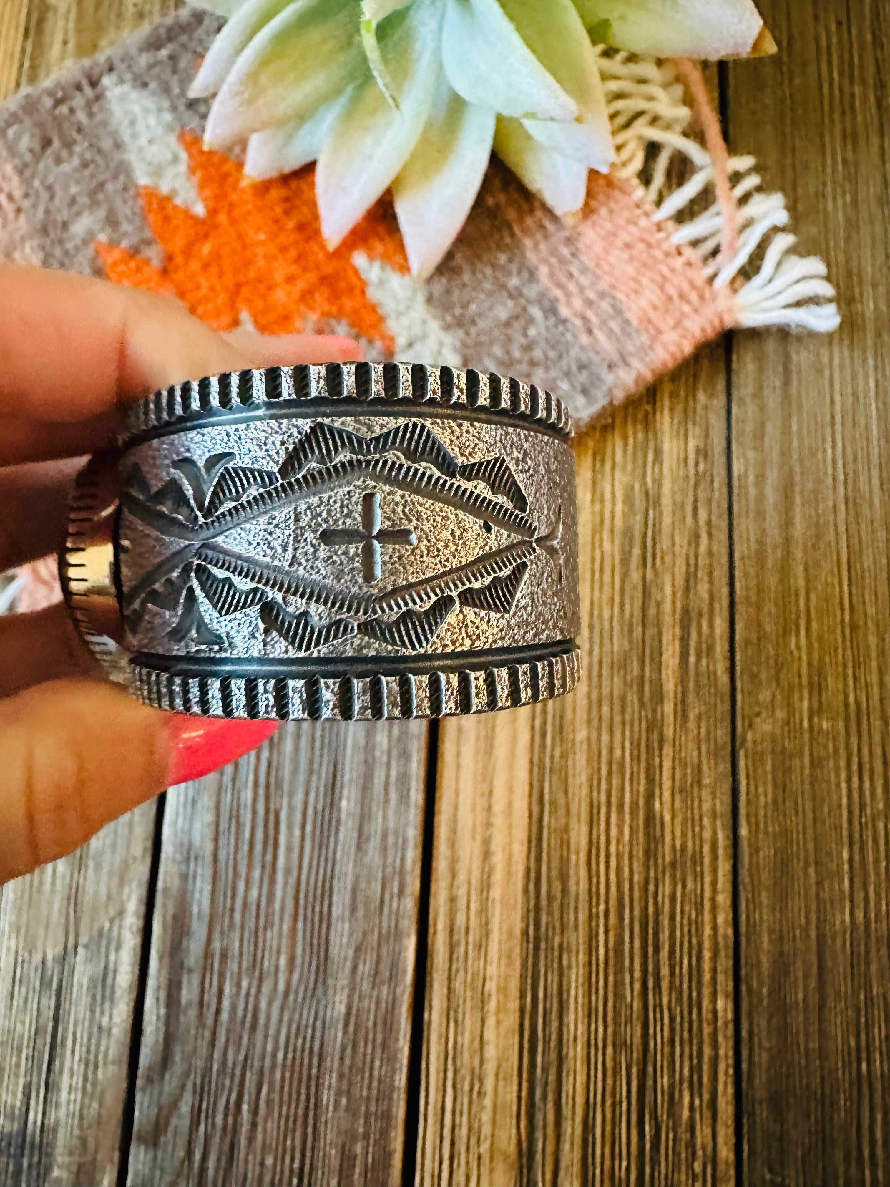 Handcrafted Royston Turquoise & Sterling Silver Tufa Cast Cuff Bracelet Signed