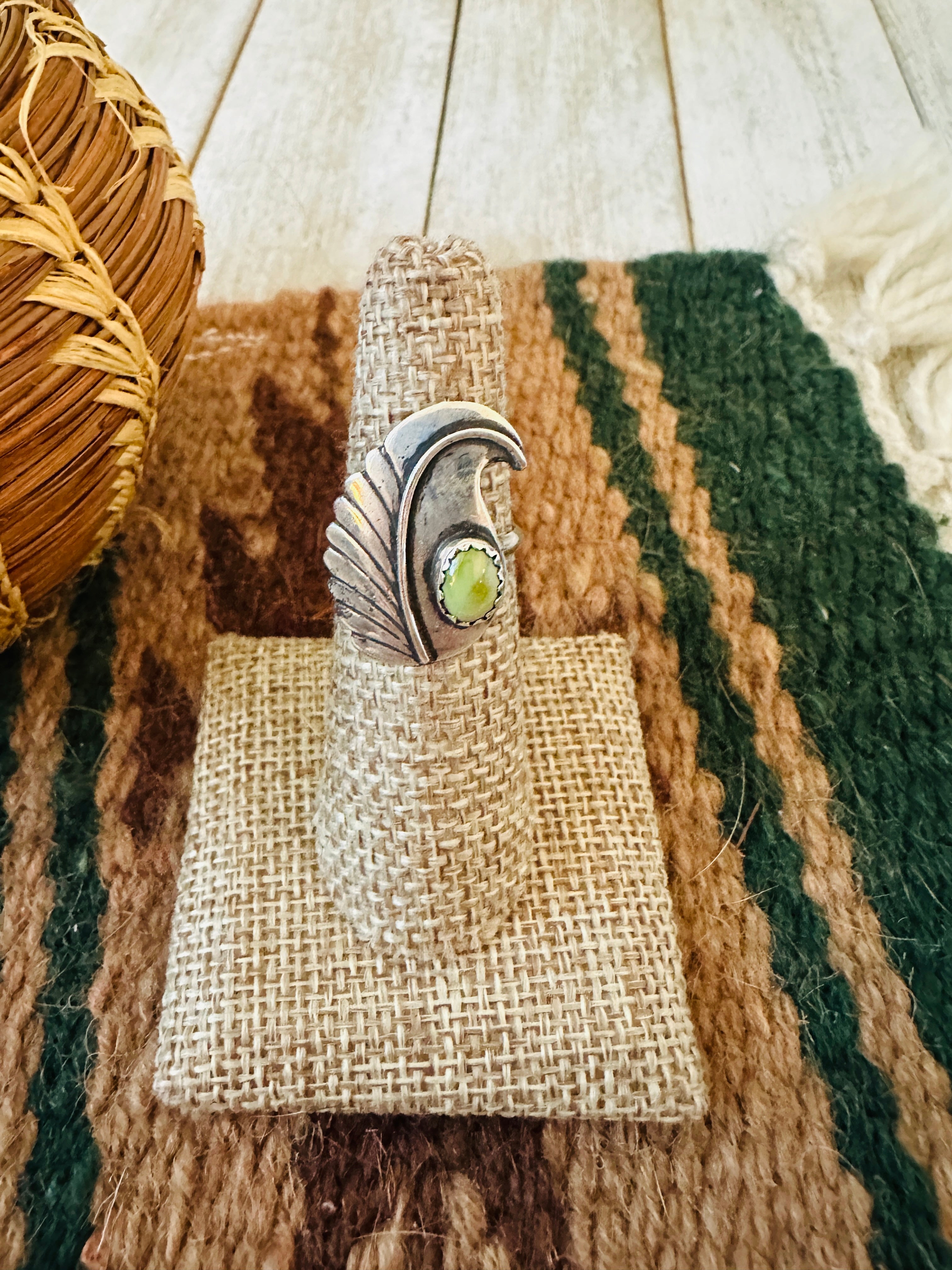 Handcrafted Old Pawn Sterling Silver & Turquoise Feather Ring Size 6.25