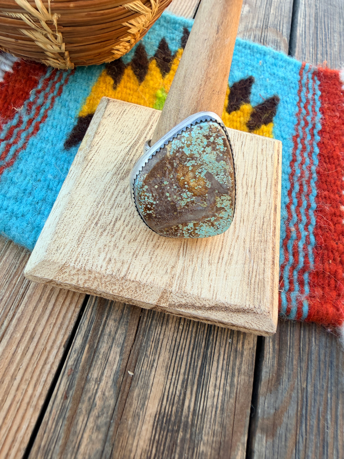 Handcrafted Number 8 Turquoise & Sterling Silver Ring Size 13 by Leslie Nez