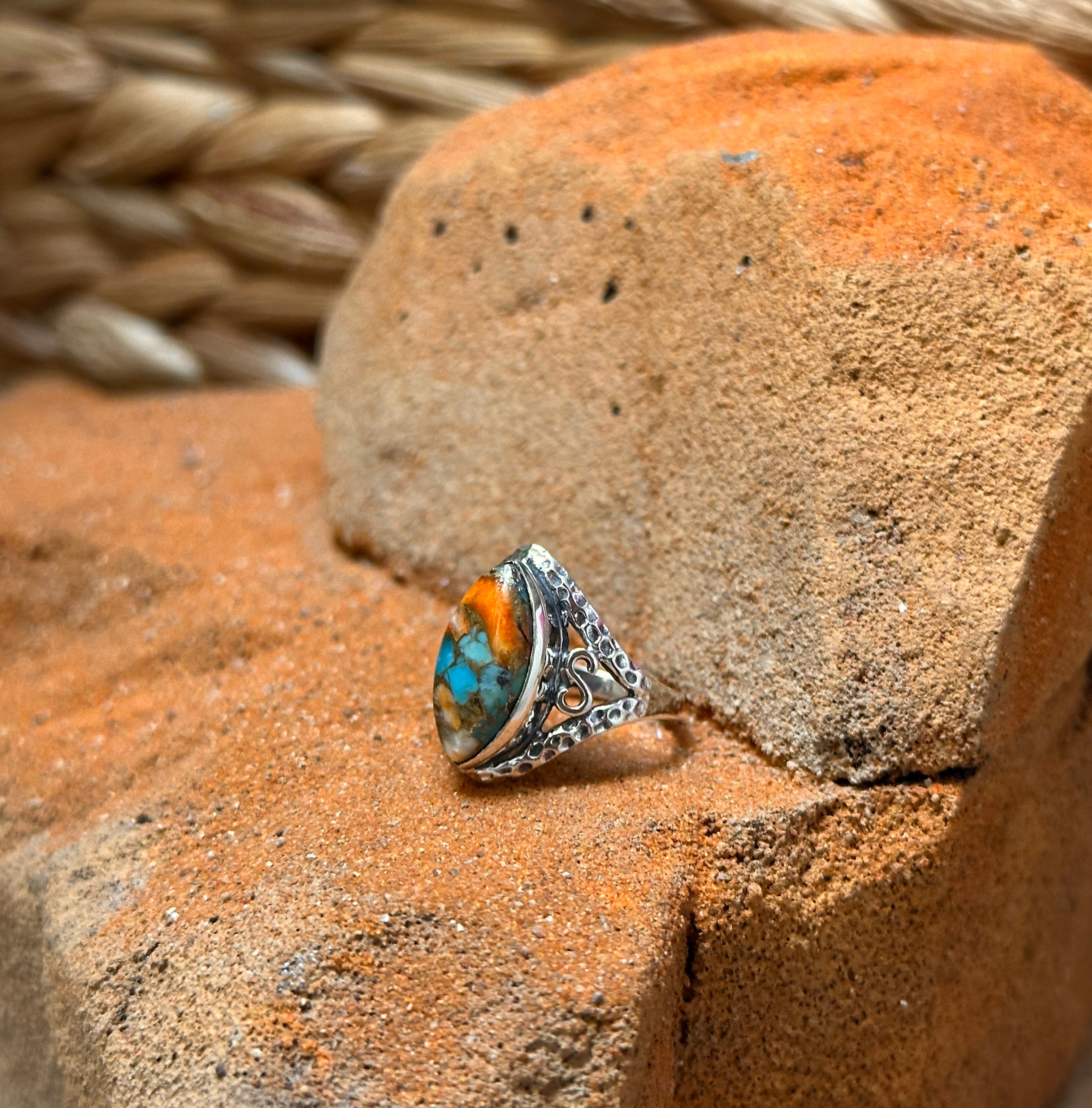 Sterling Silver Orange Spiny Turquoise Ring Size 7.5