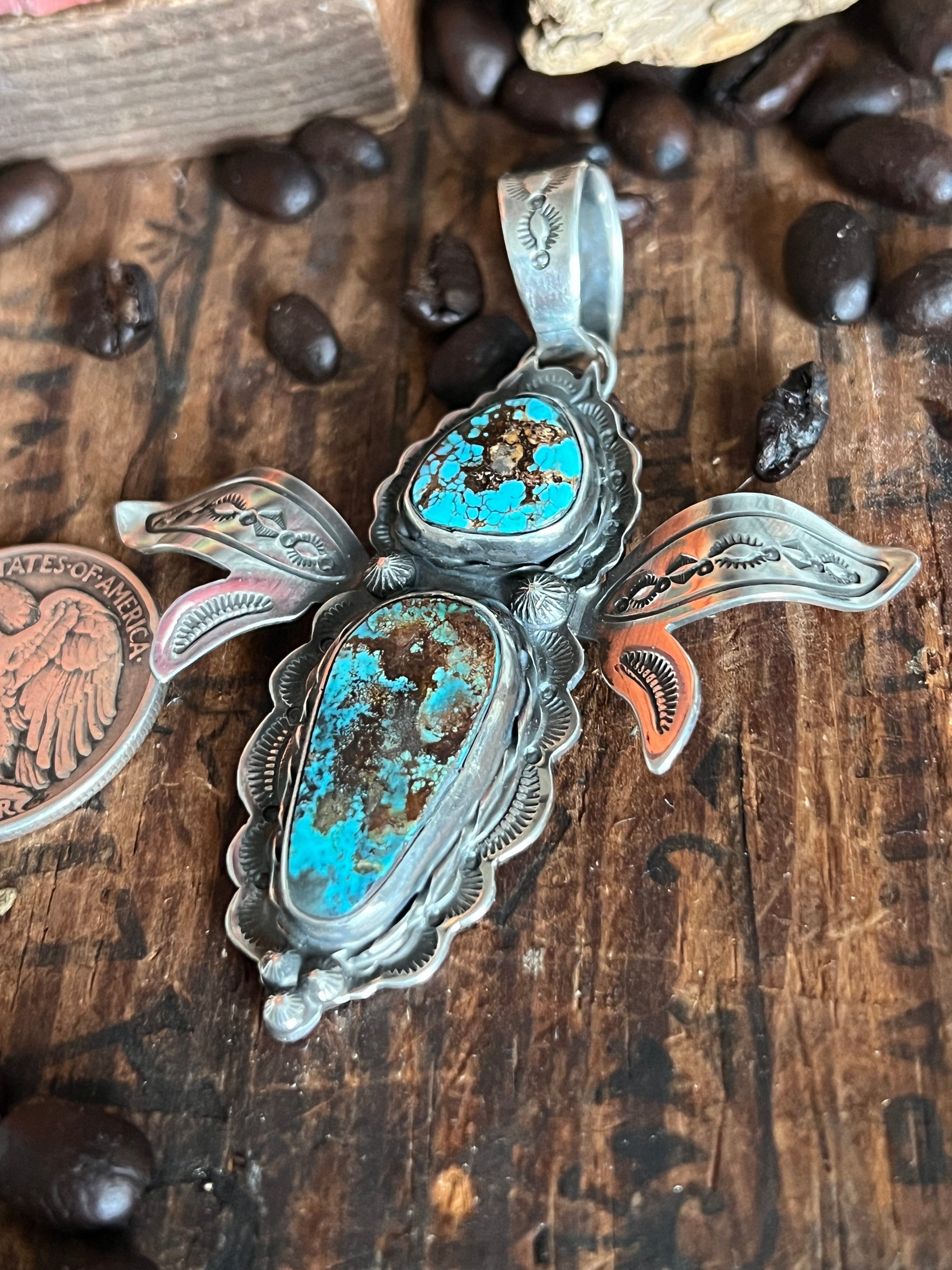 Kimari Somers Hand Stamped Sterling Silver and Turquoise Winged Bug Pendant