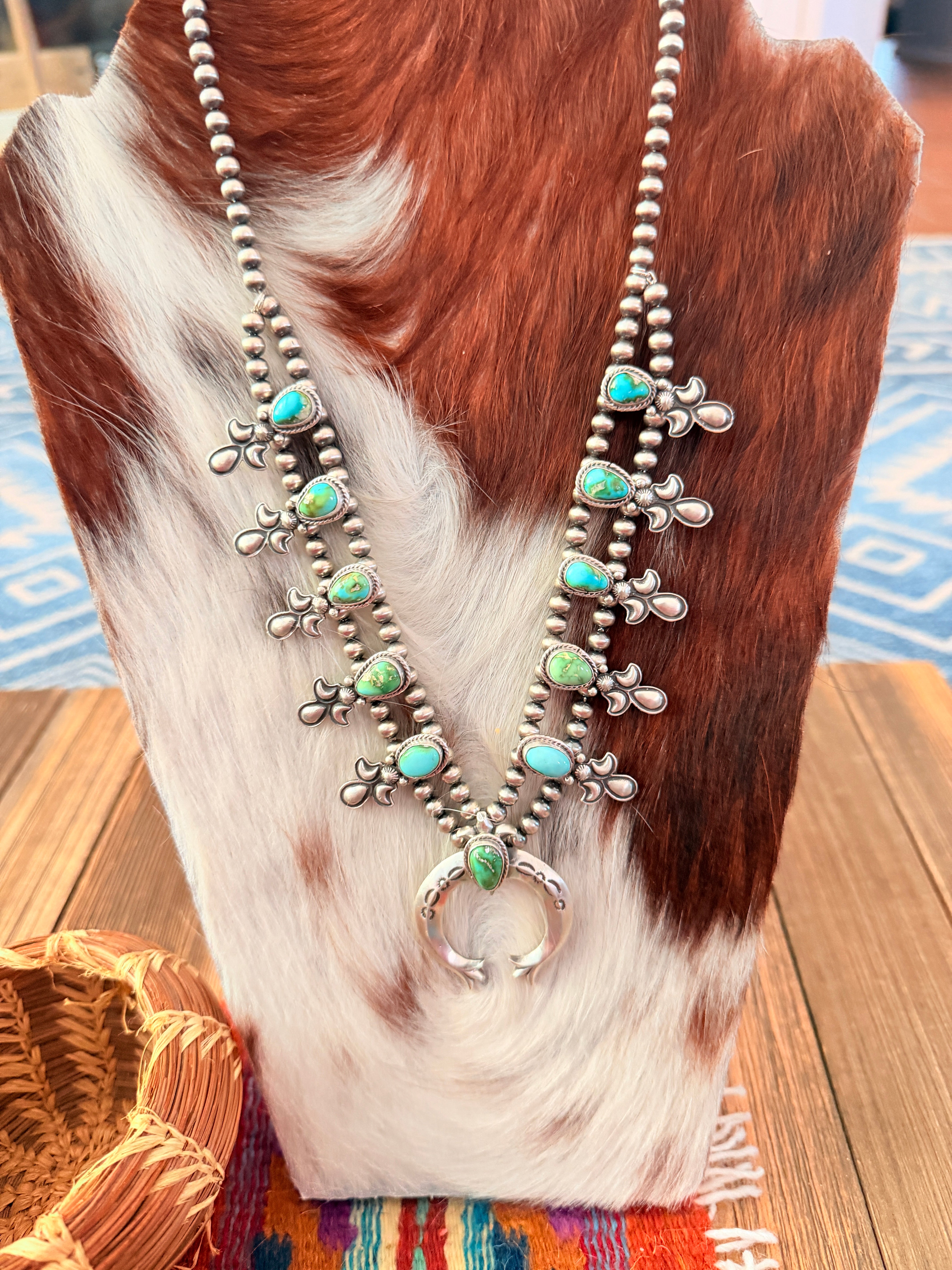 Handcrafted Sonoran Mountain Turquoise & Sterling Silver Beaded Squash Blossom Necklace by Adrienne Gordon