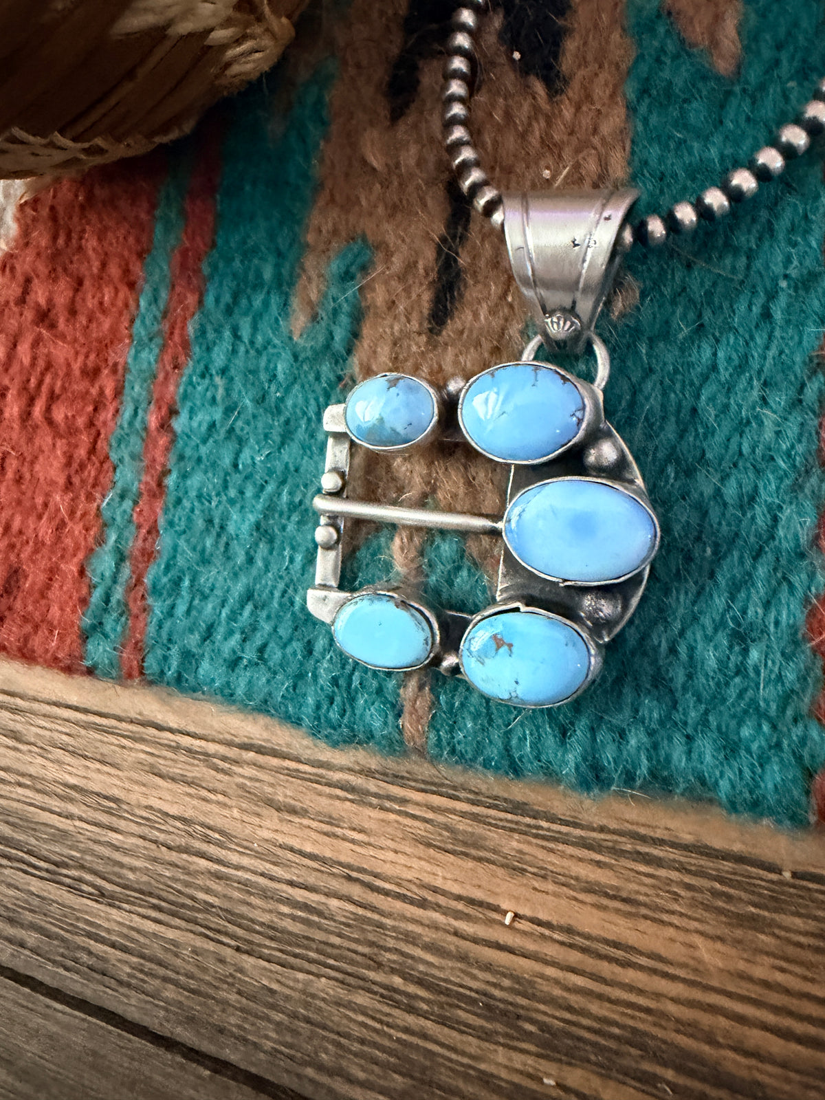 Handcrafted Sterling Silver & Turquoise Belt Buckle Pendant by Russell Sam