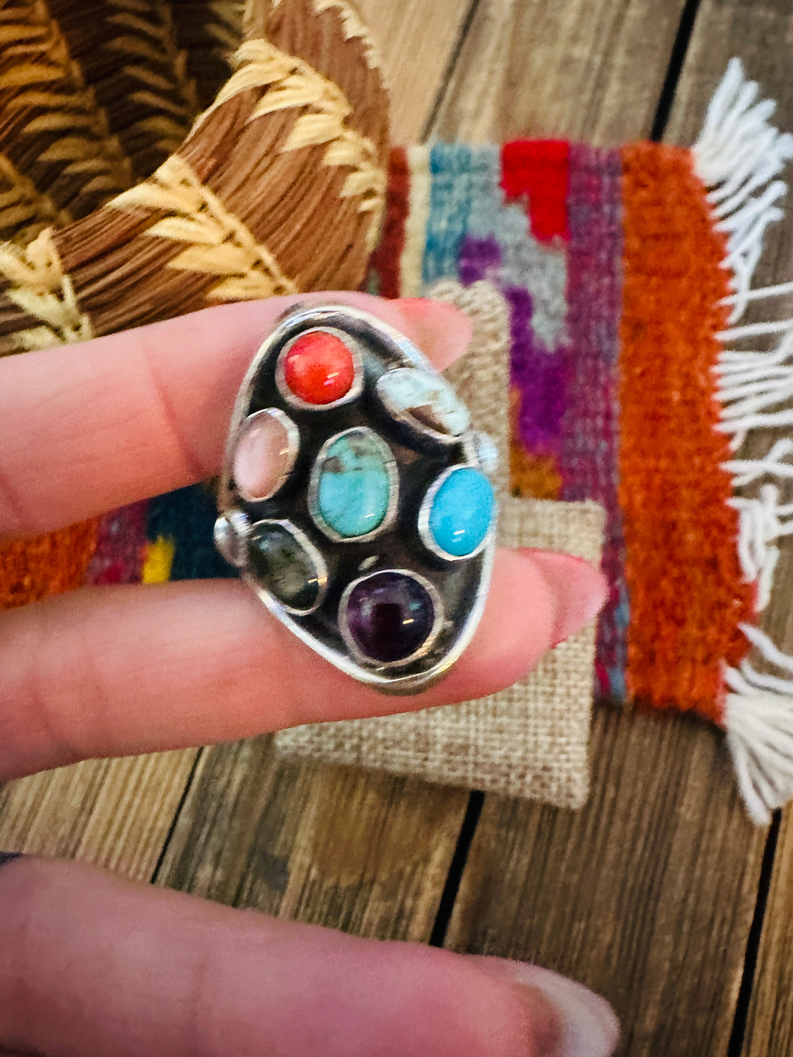 Handcrafted Multi Stone & Sterling Silver Ring Size 11 by Emer Thompson