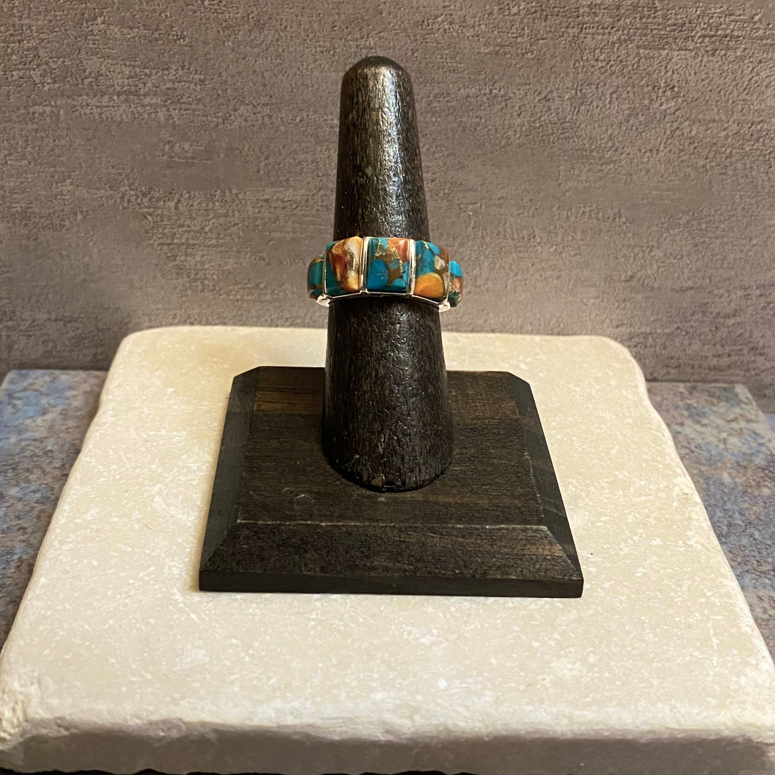 Sterling Silver Five Stone Orange Spiny Turquoise Ring Size 6.5