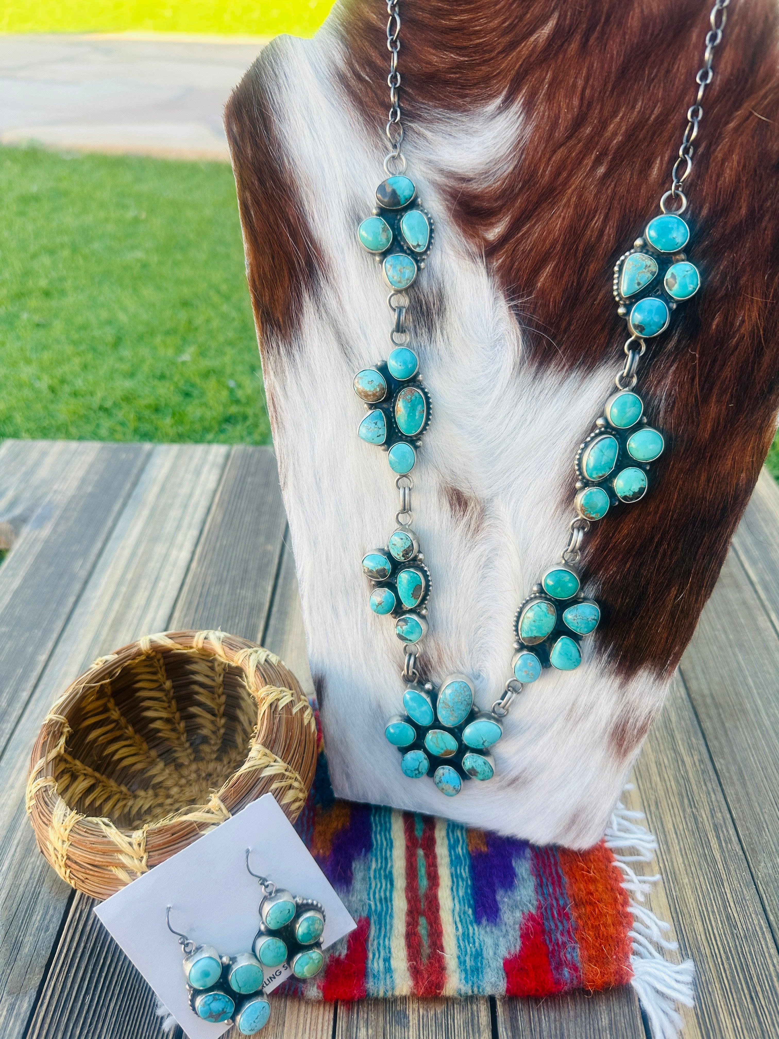 Handcrafted Turquoise & Sterling Silver Cluster Necklace and Earrings Set by Ella Peter