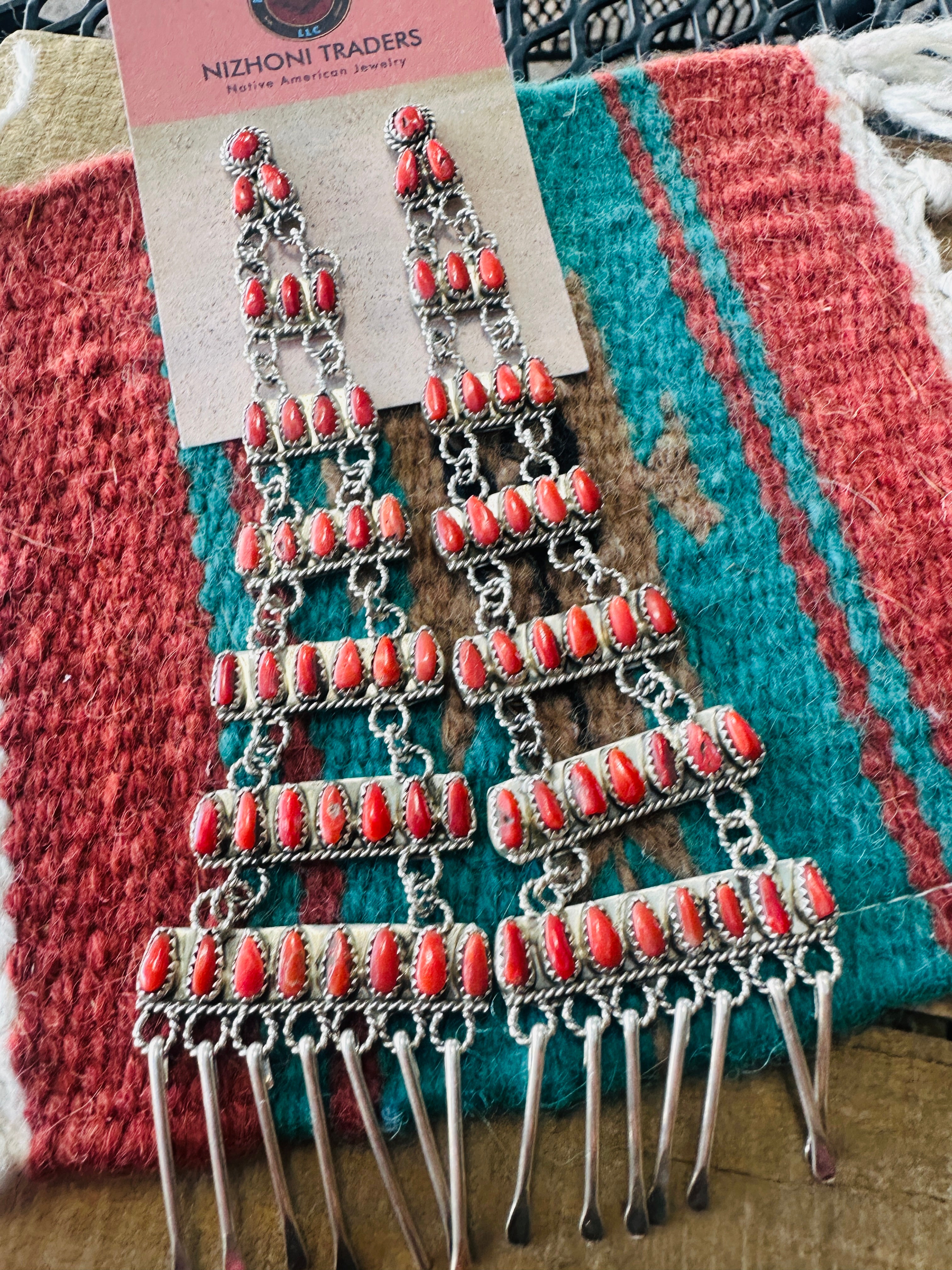 Handcrafted Coral & Sterling Silver Chandelier Dangle Earrings