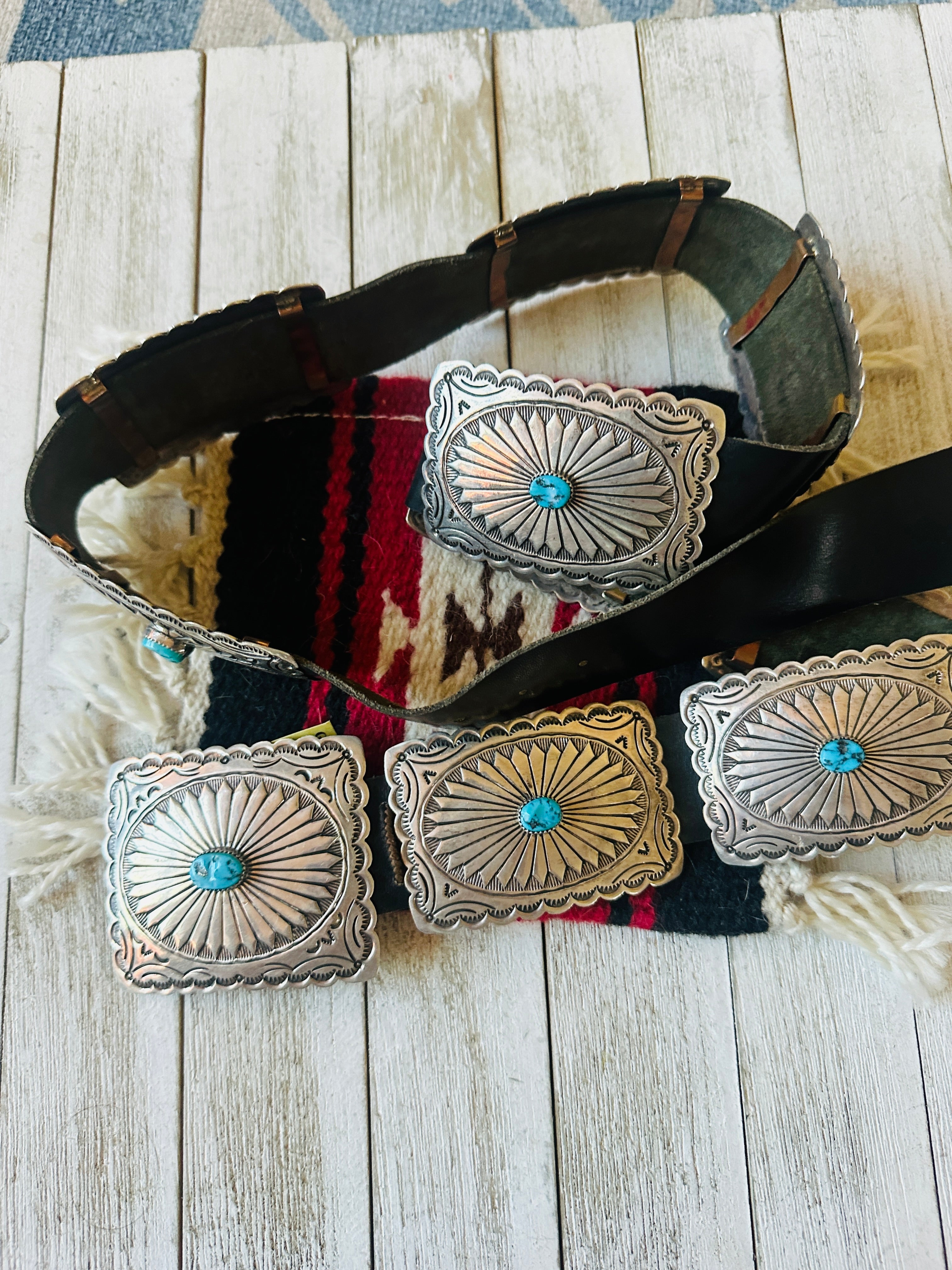 Vintage Black Leather And Sterling Silver Turquoise Concho Belt by Tim Guerro